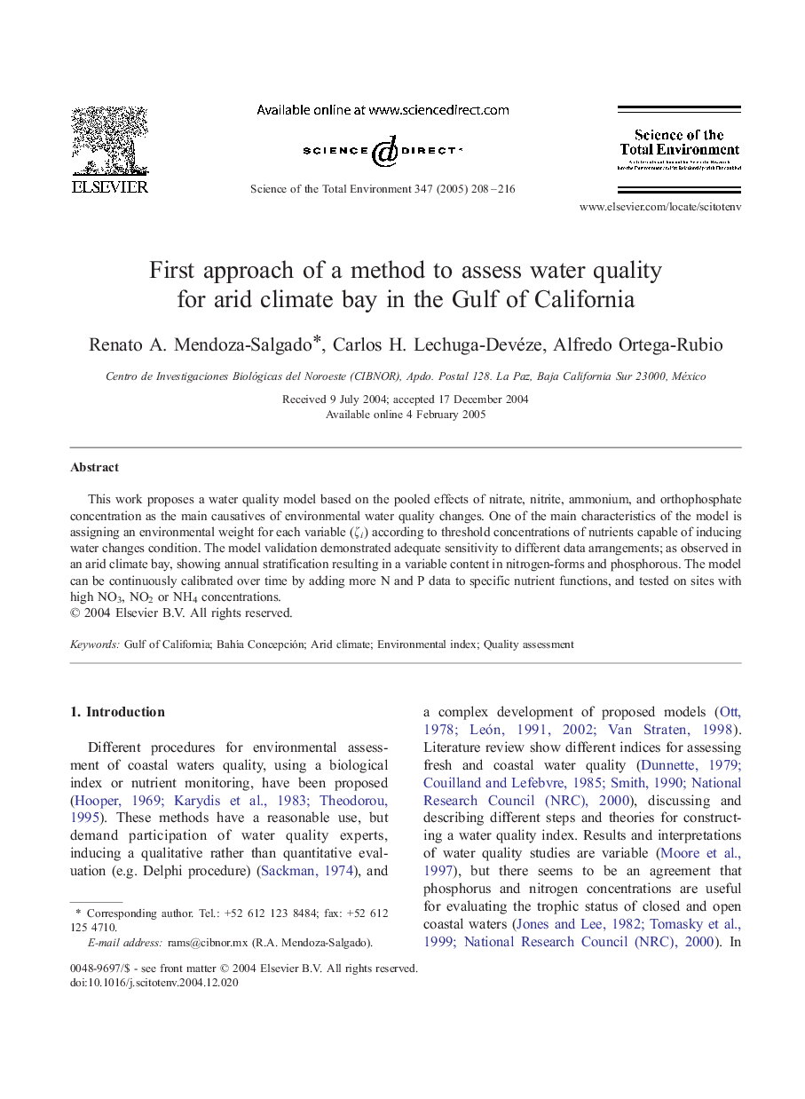 First approach of a method to assess water quality for arid climate bay in the Gulf of California