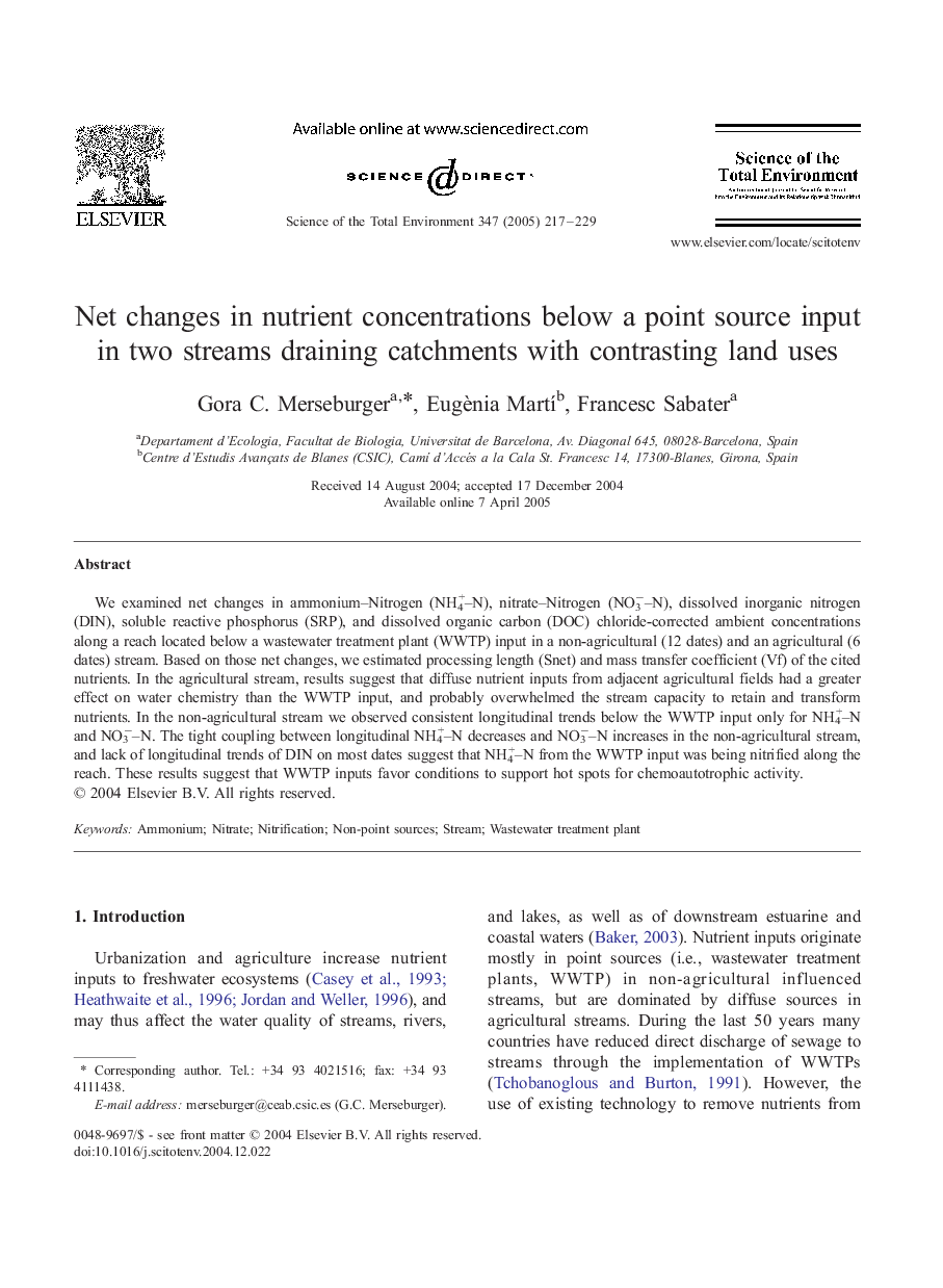 Net changes in nutrient concentrations below a point source input in two streams draining catchments with contrasting land uses