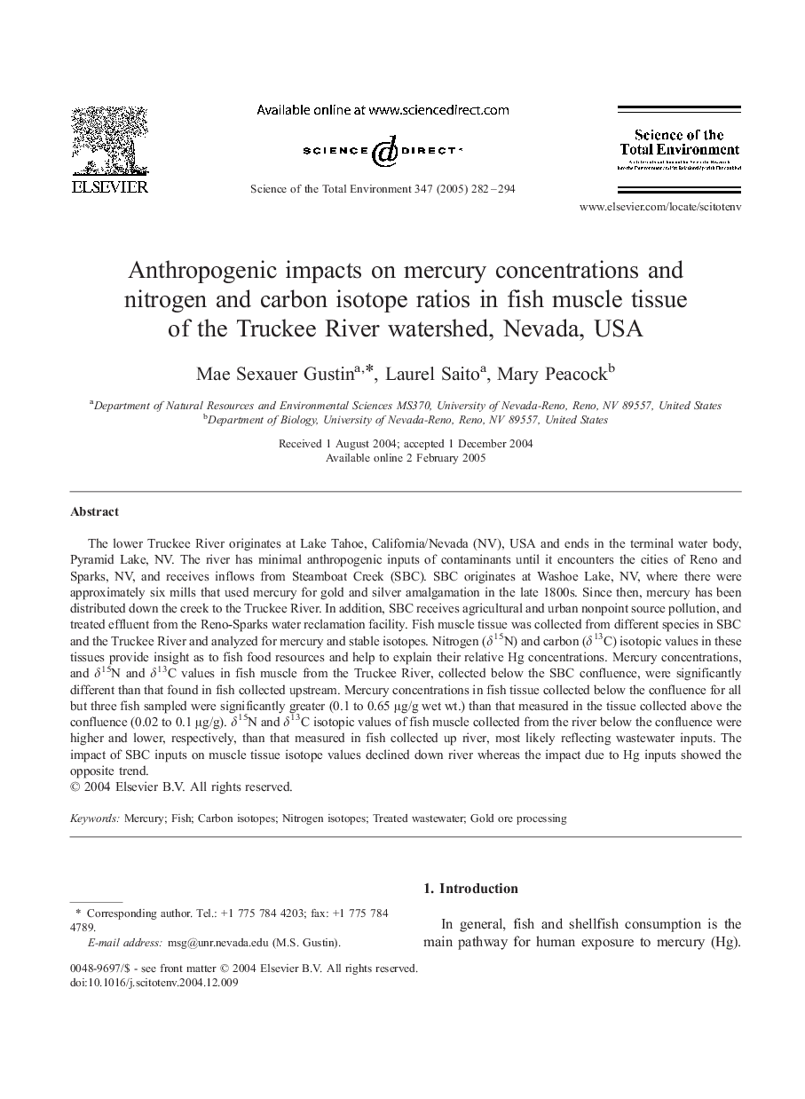 Anthropogenic impacts on mercury concentrations and nitrogen and carbon isotope ratios in fish muscle tissue of the Truckee River watershed, Nevada, USA