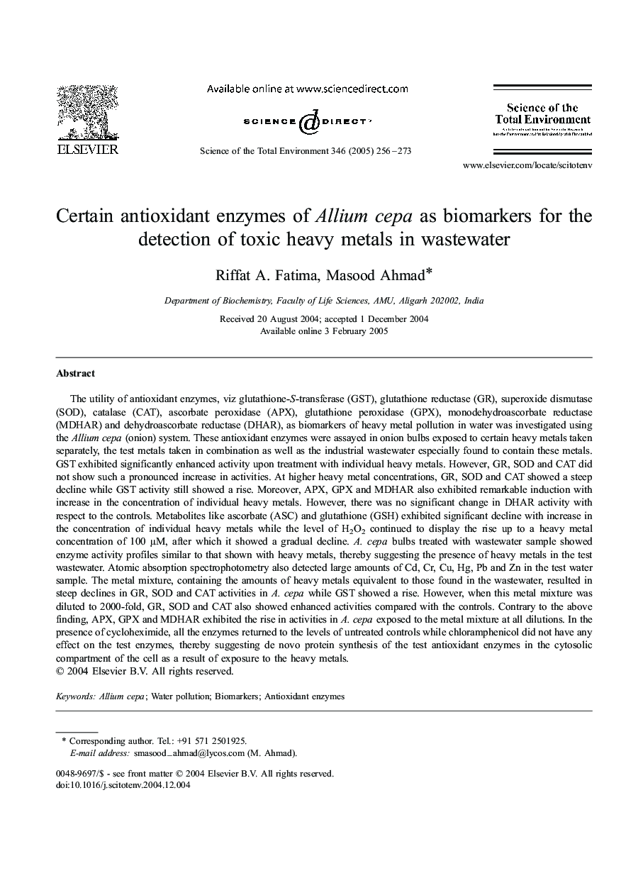 Certain antioxidant enzymes of Allium cepa as biomarkers for the detection of toxic heavy metals in wastewater