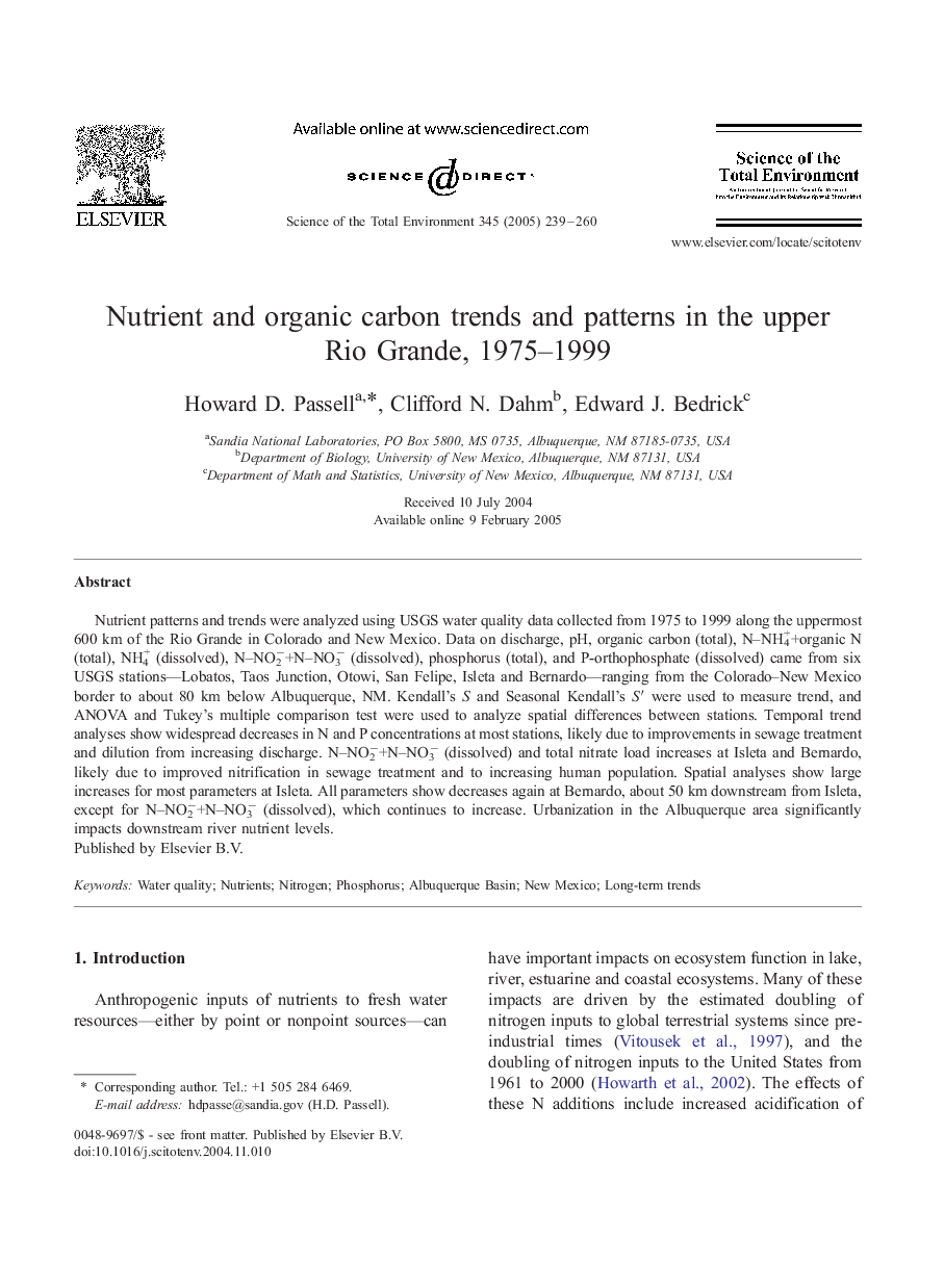 Nutrient and organic carbon trends and patterns in the upper Rio Grande, 1975-1999