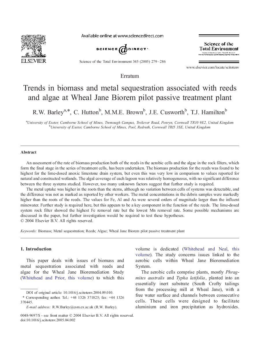 Trends in biomass and metal sequestration associated with reeds and algae at Wheal Jane Biorem pilot passive treatment plant