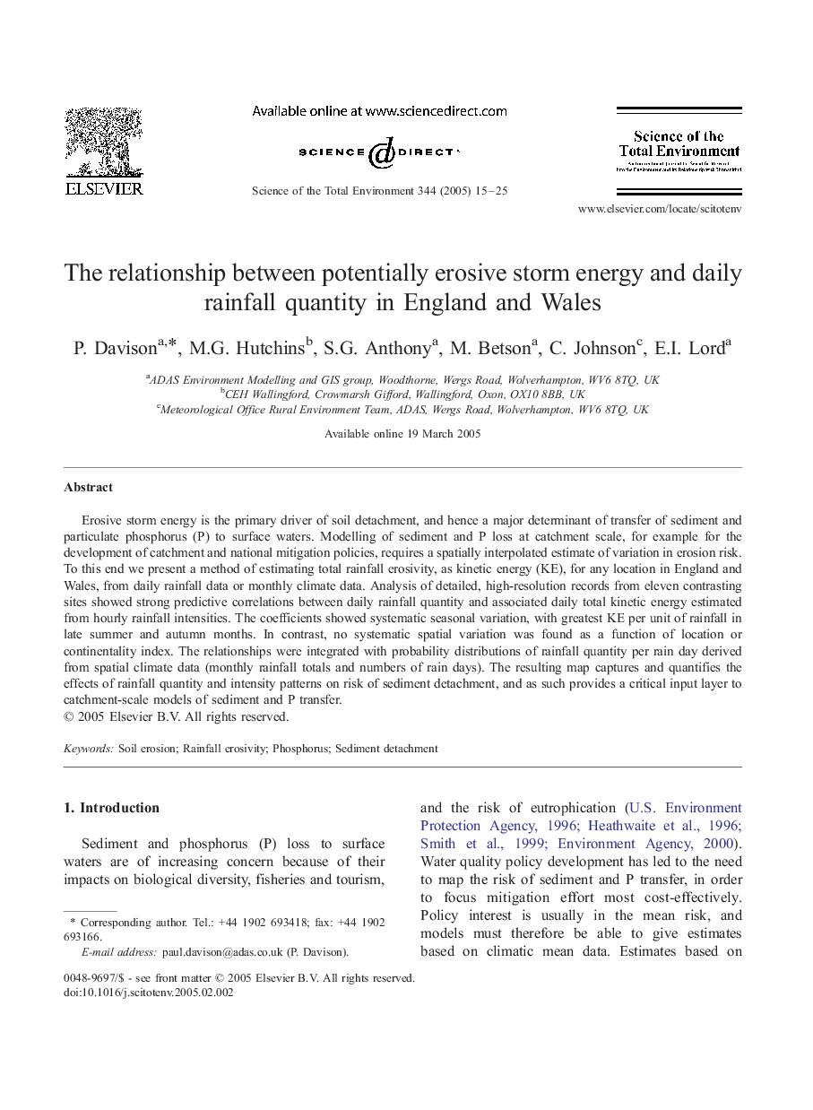 The relationship between potentially erosive storm energy and daily rainfall quantity in England and Wales