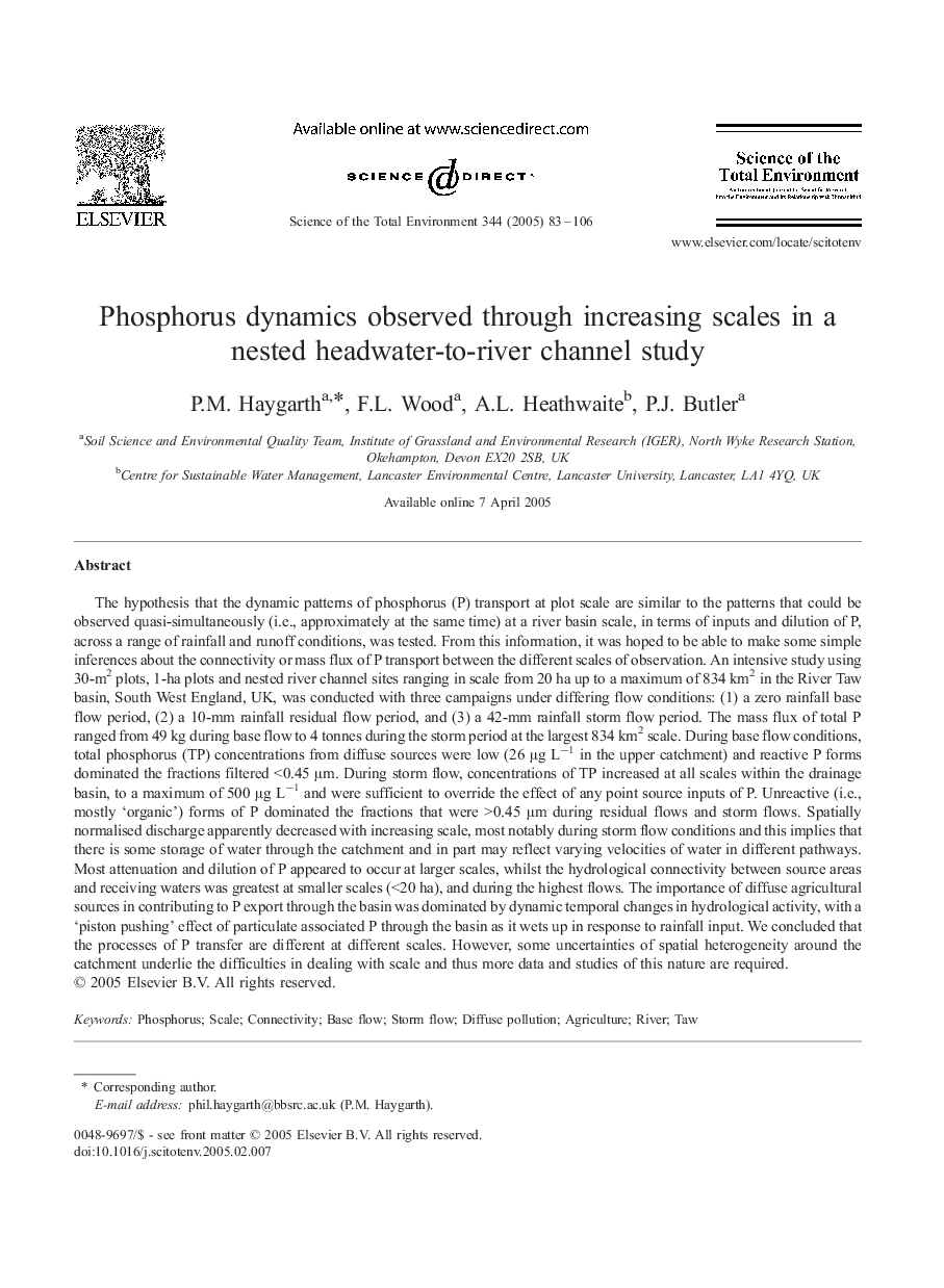 Phosphorus dynamics observed through increasing scales in a nested headwater-to-river channel study