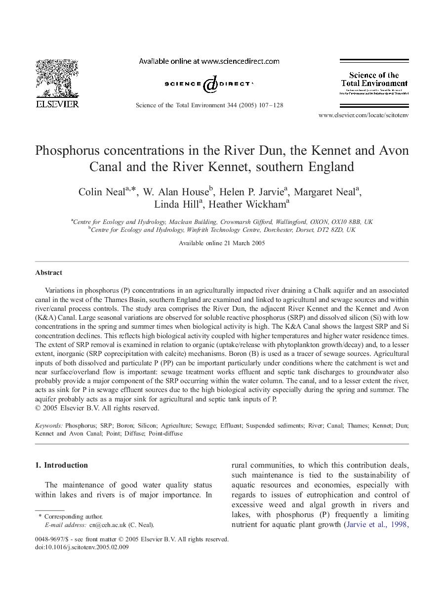 Phosphorus concentrations in the River Dun, the Kennet and Avon Canal and the River Kennet, southern England