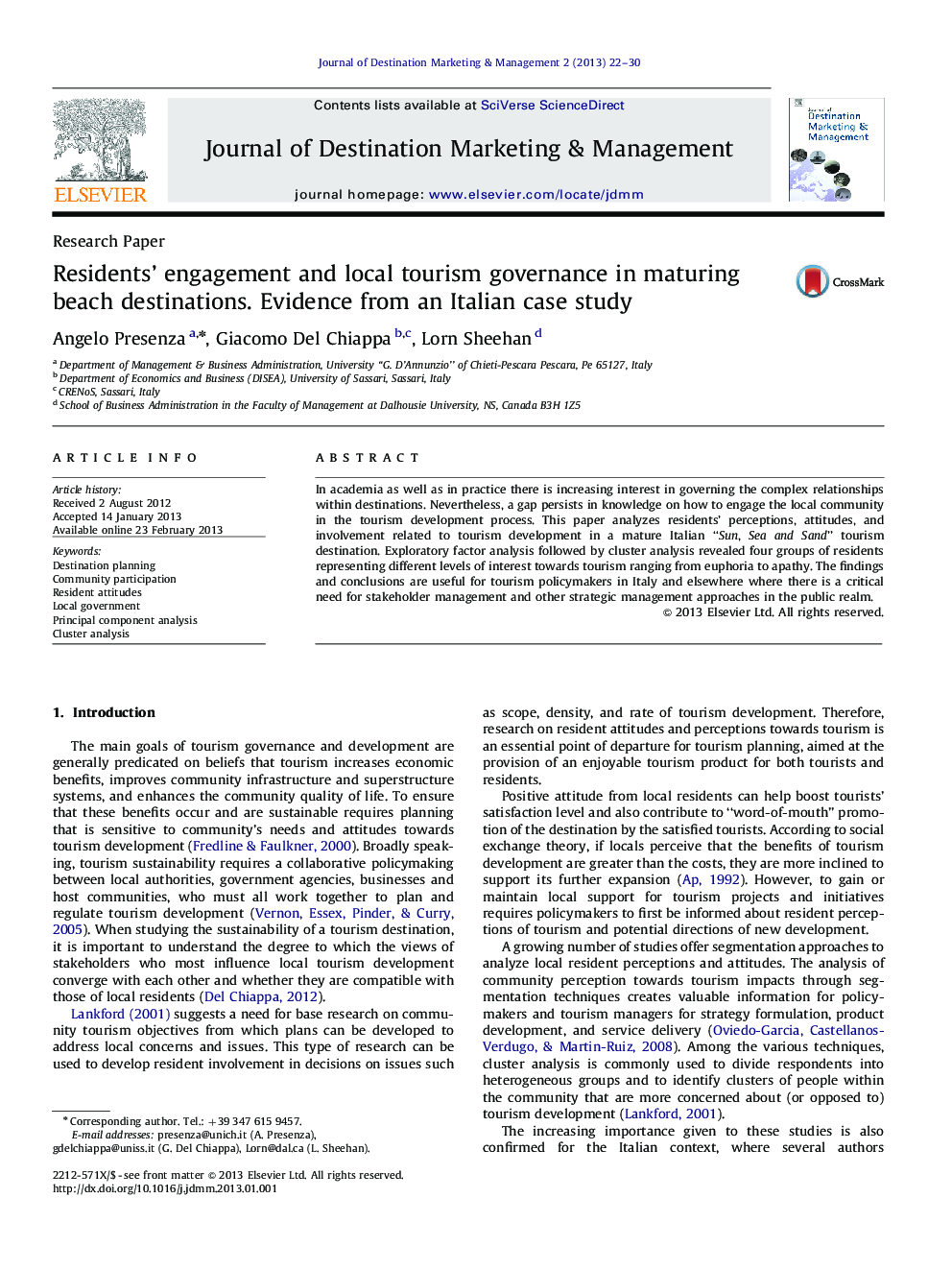 Residents’ engagement and local tourism governance in maturing beach destinations. Evidence from an Italian case study