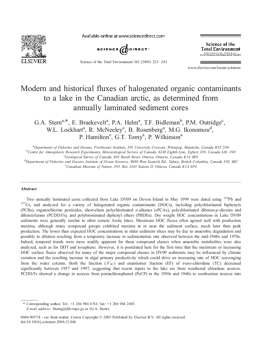 Modern and historical fluxes of halogenated organic contaminants to a lake in the Canadian arctic, as determined from annually laminated sediment cores