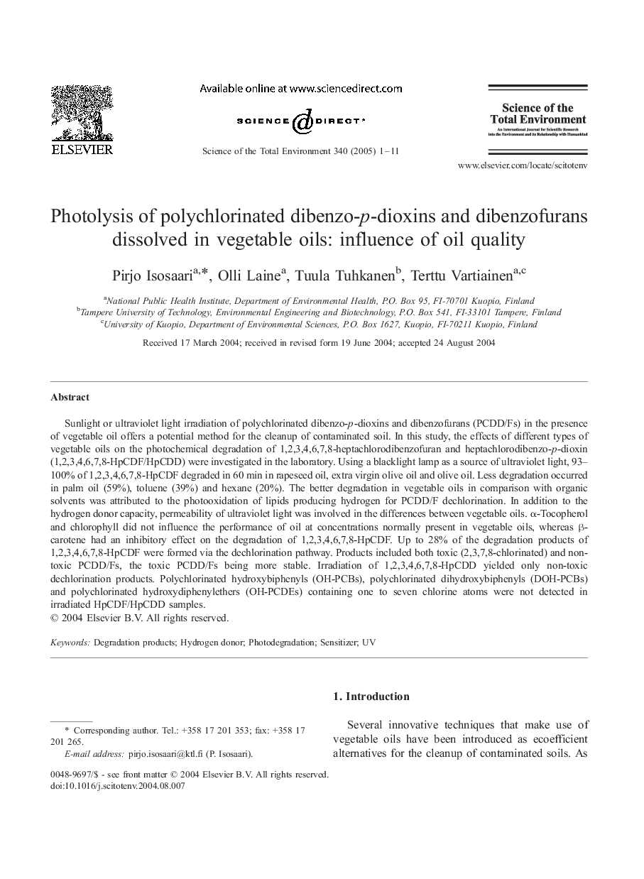 Photolysis of polychlorinated dibenzo-p-dioxins and dibenzofurans dissolved in vegetable oils: influence of oil quality