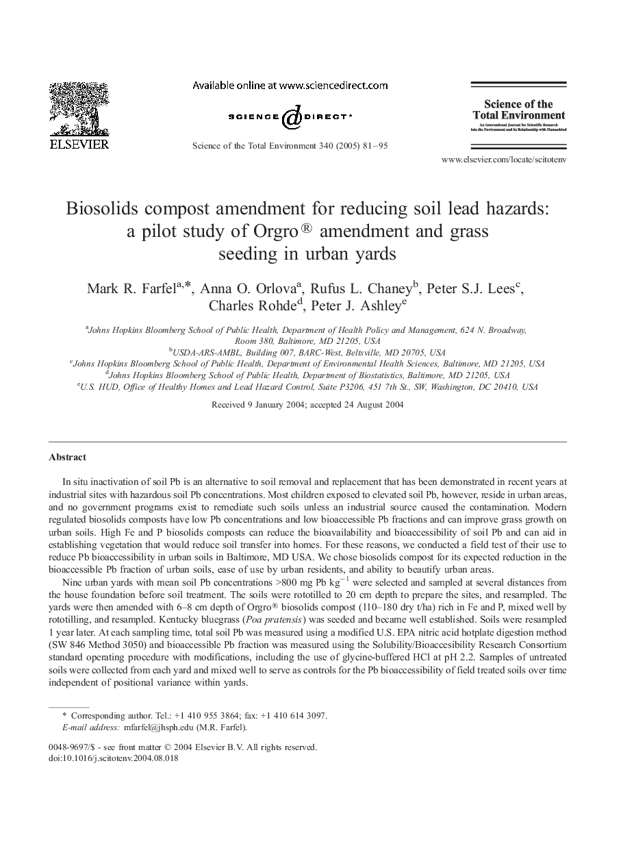 Biosolids compost amendment for reducing soil lead hazards: a pilot study of Orgro® amendment and grass seeding in urban yards