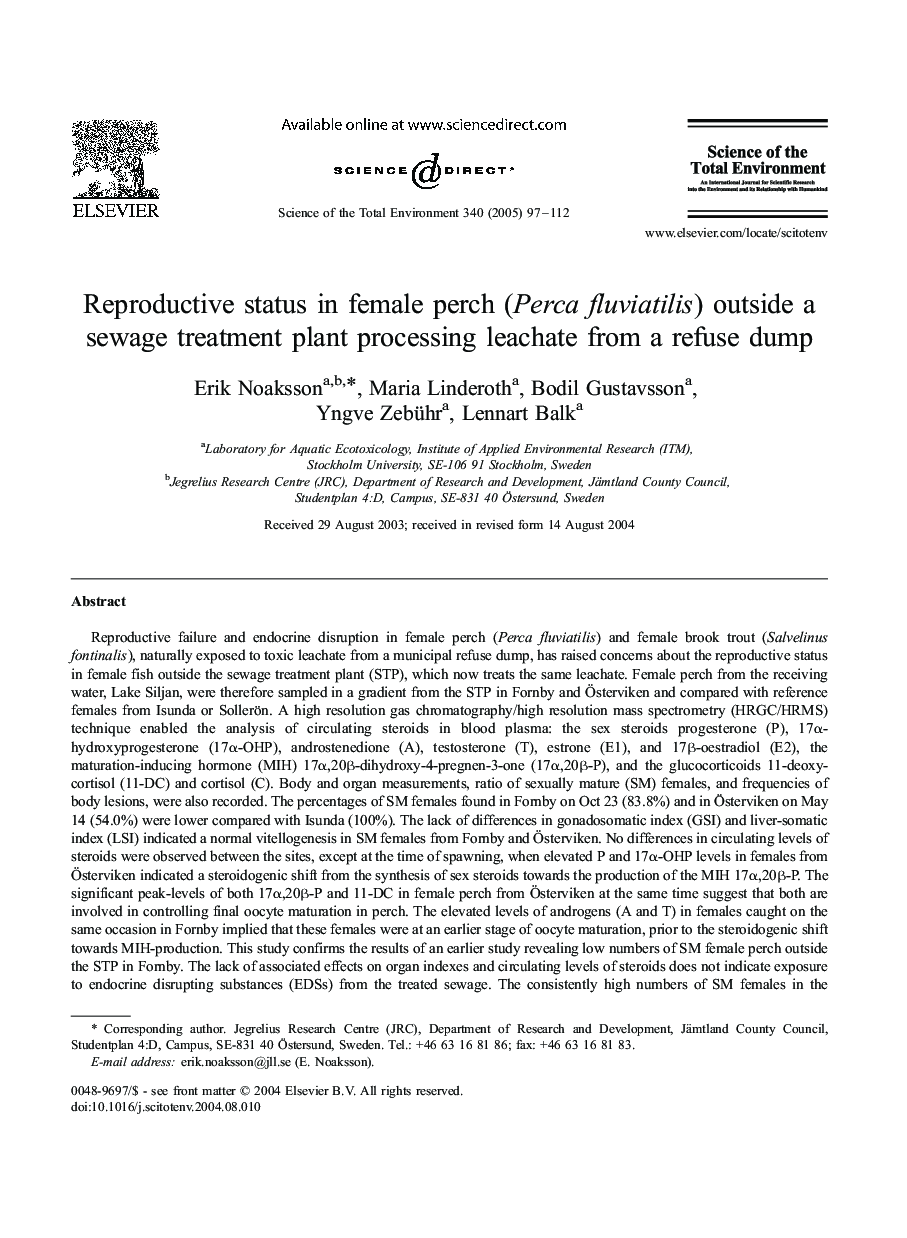 Reproductive status in female perch (Perca fluviatilis) outside a sewage treatment plant processing leachate from a refuse dump