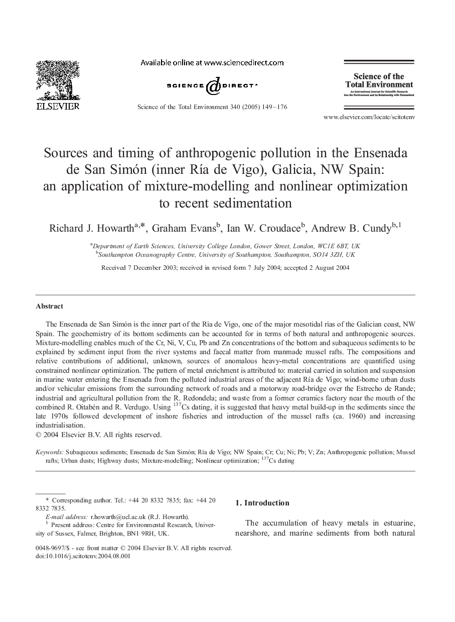 Sources and timing of anthropogenic pollution in the Ensenada de San Simón (inner RÃ­a de Vigo), Galicia, NW Spain: an application of mixture-modelling and nonlinear optimization to recent sedimentation