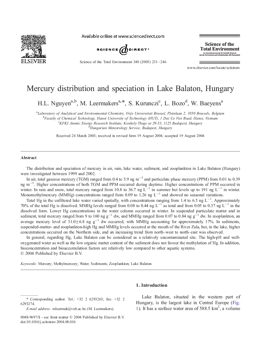 Mercury distribution and speciation in Lake Balaton, Hungary