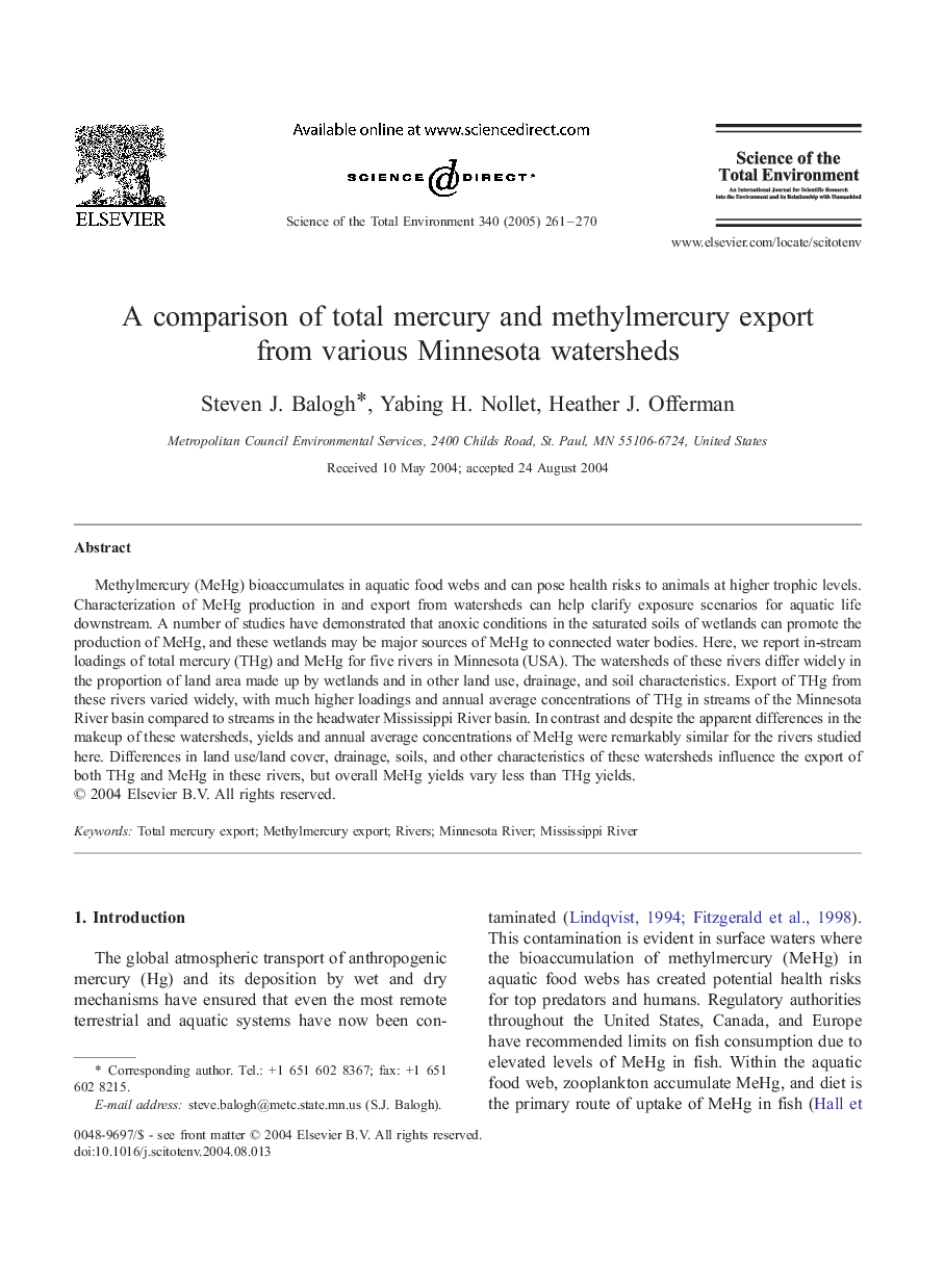 A comparison of total mercury and methylmercury export from various Minnesota watersheds