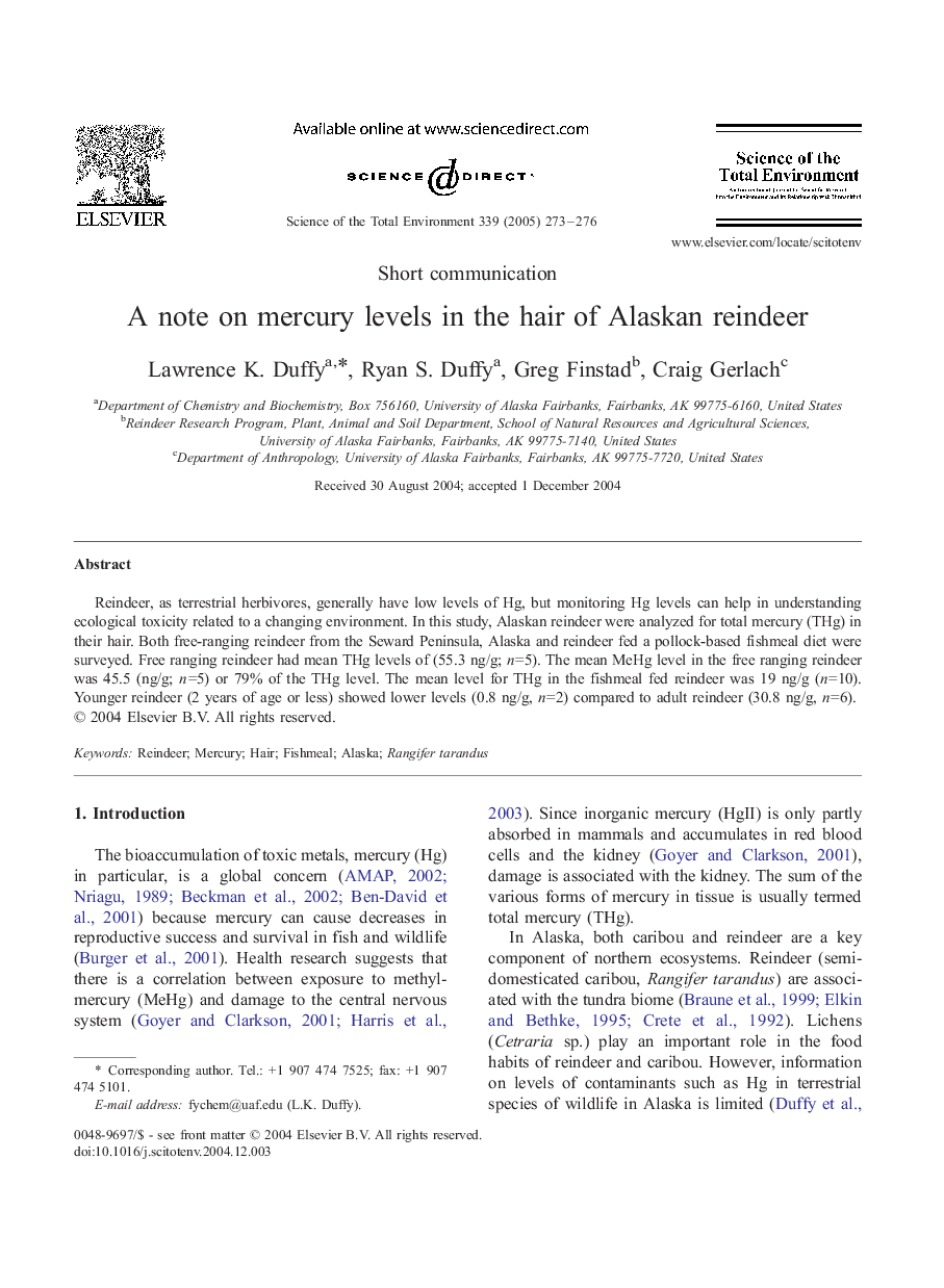 A note on mercury levels in the hair of Alaskan reindeer