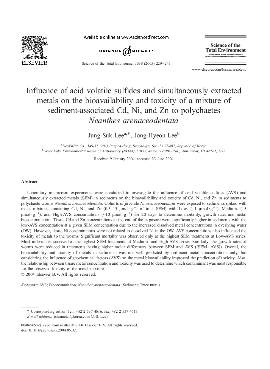 Influence of acid volatile sulfides and simultaneously extracted metals on the bioavailability and toxicity of a mixture of sediment-associated Cd, Ni, and Zn to polychaetes Neanthes arenaceodentata