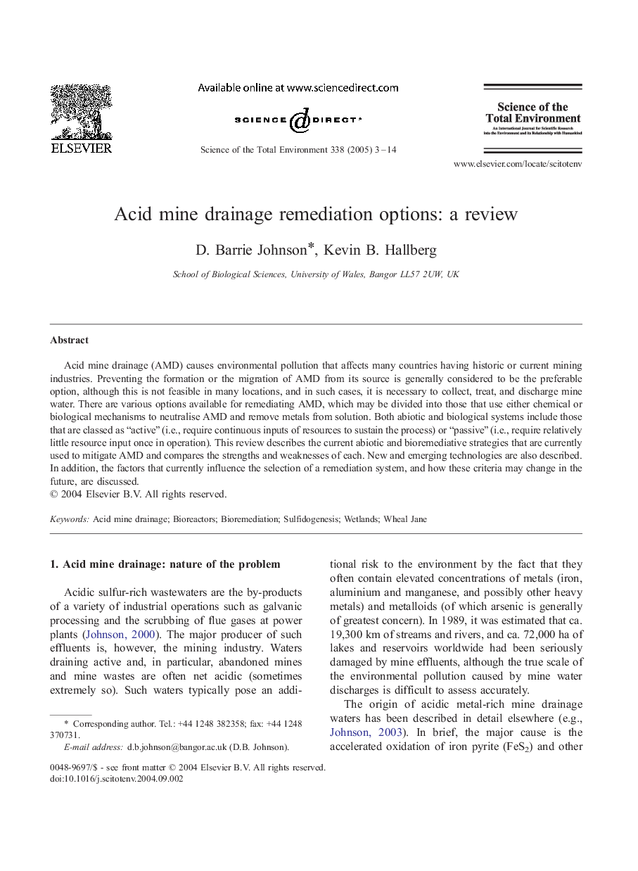 Acid mine drainage remediation options: a review