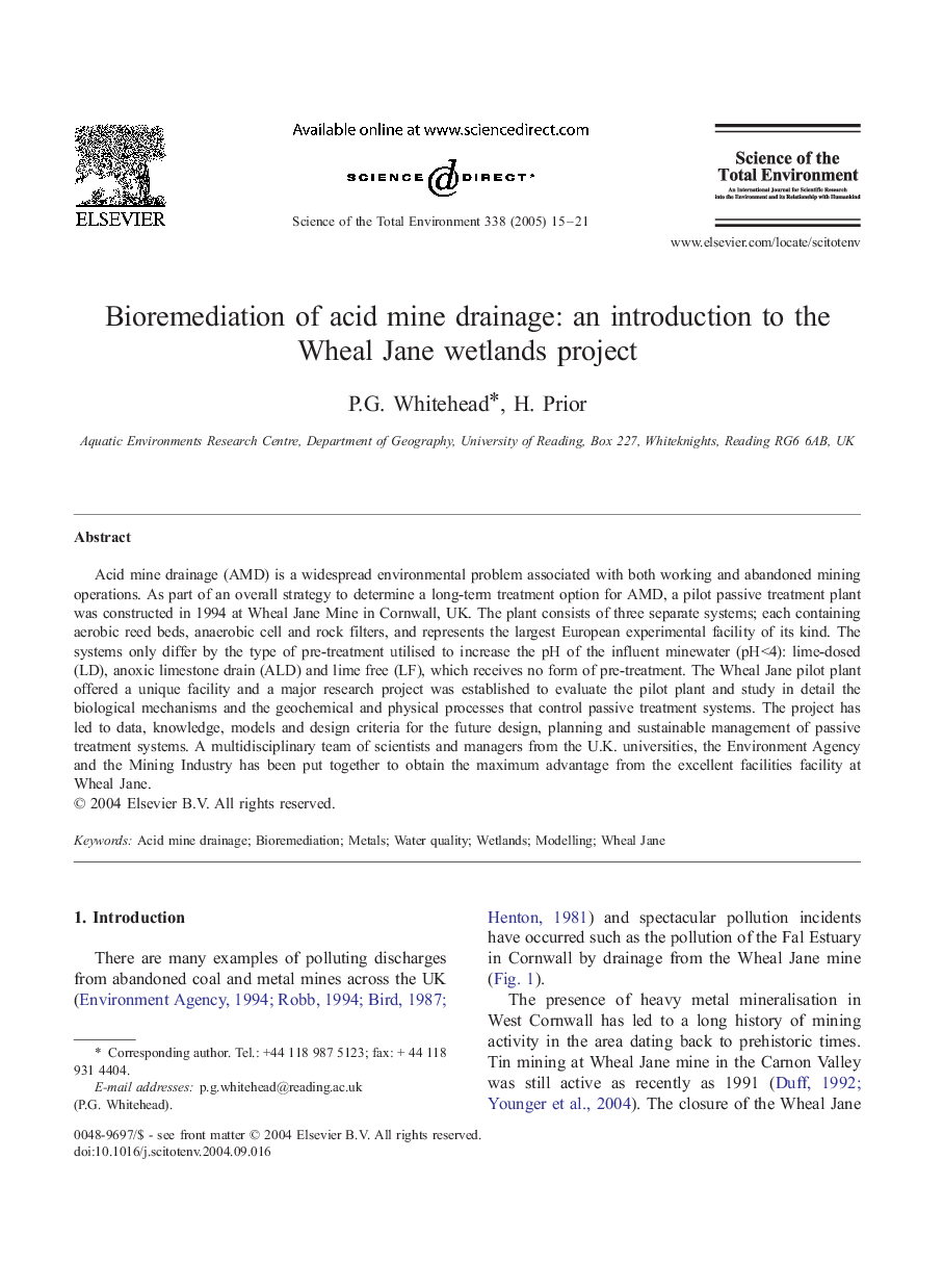 Bioremediation of acid mine drainage: an introduction to the Wheal Jane wetlands project