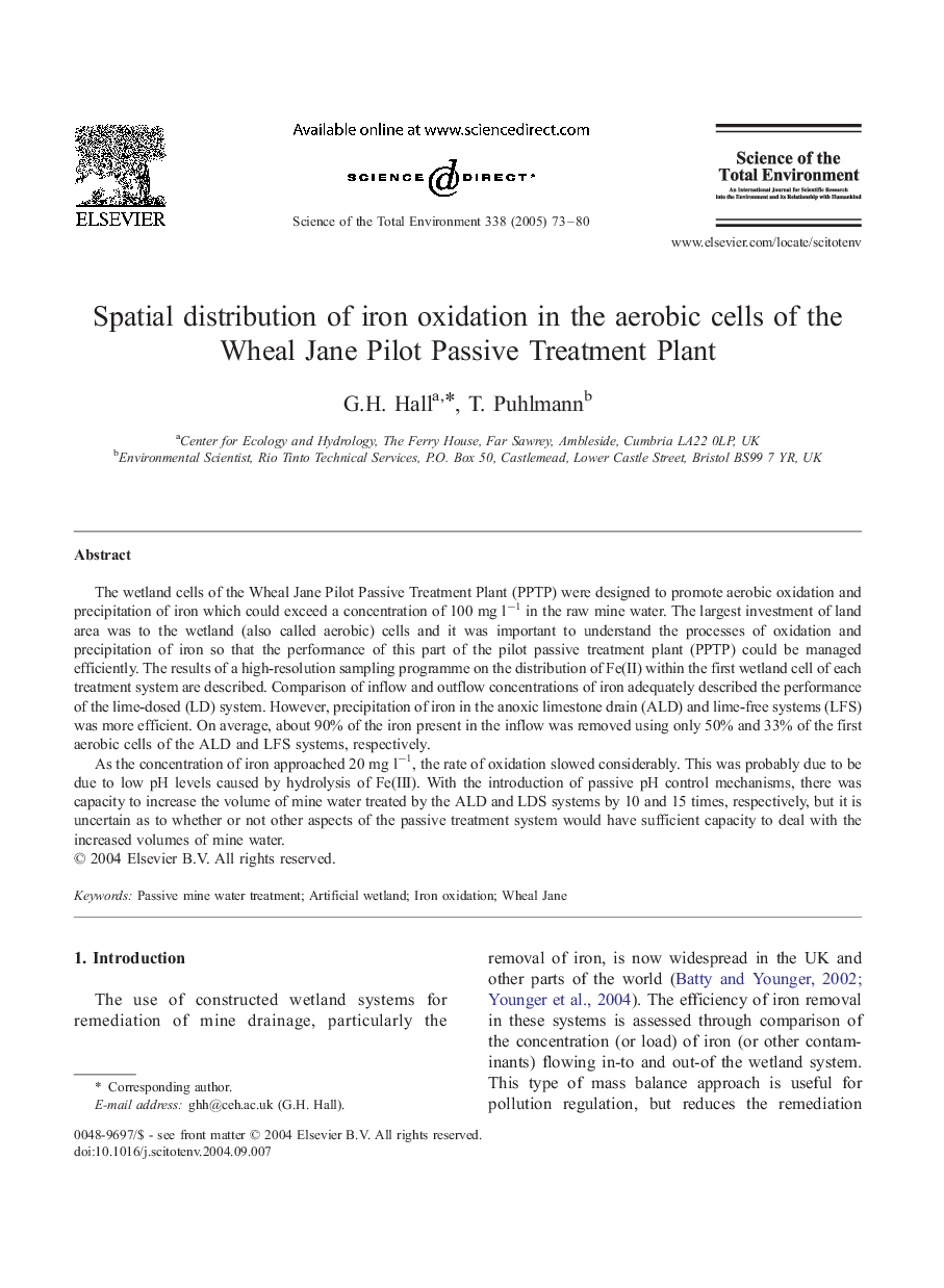 Spatial distribution of iron oxidation in the aerobic cells of the Wheal Jane Pilot Passive Treatment Plant