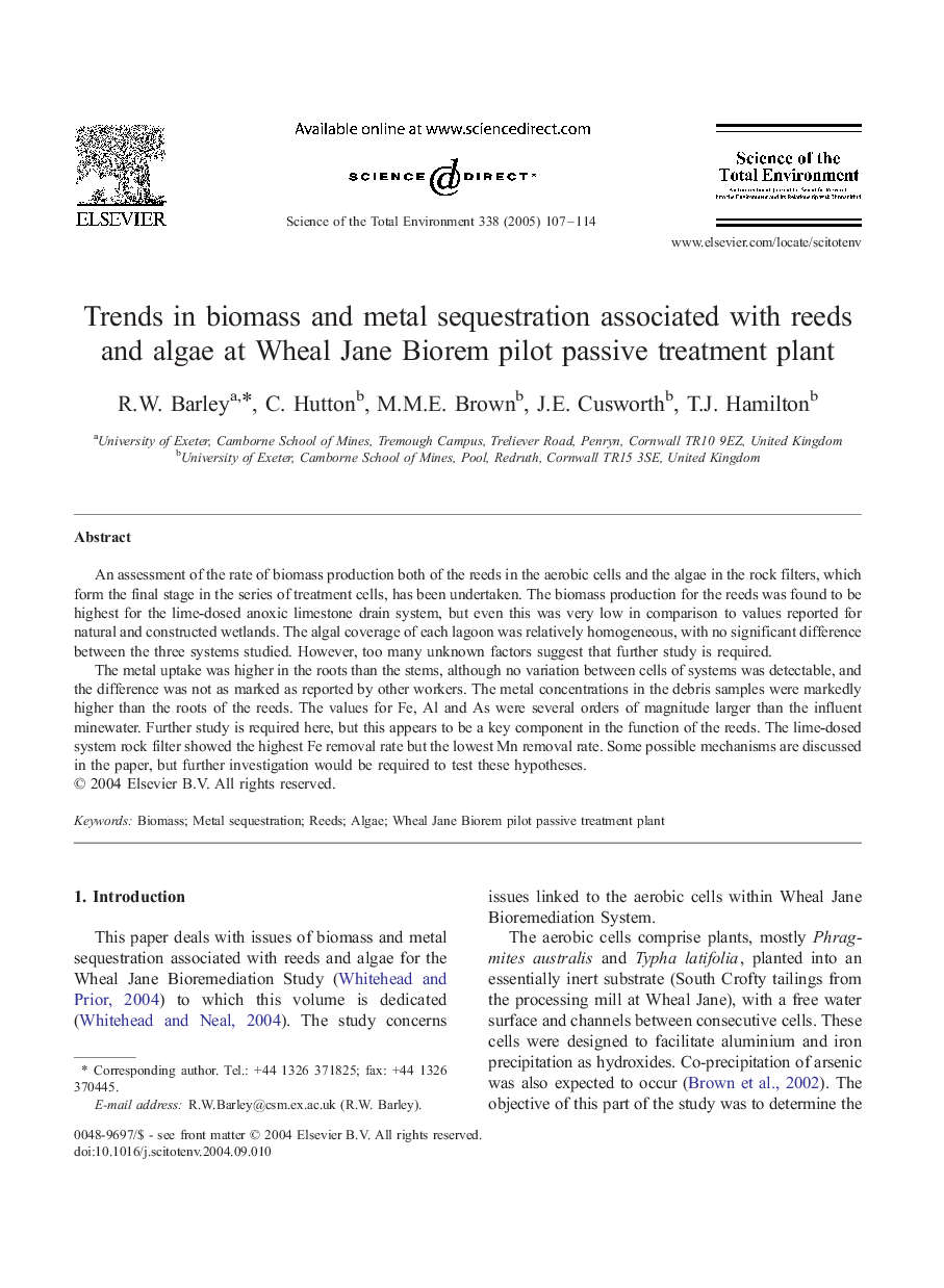 Trends in biomass and metal sequestration associated with reeds and algae at Wheal Jane Biorem pilot passive treatment plant