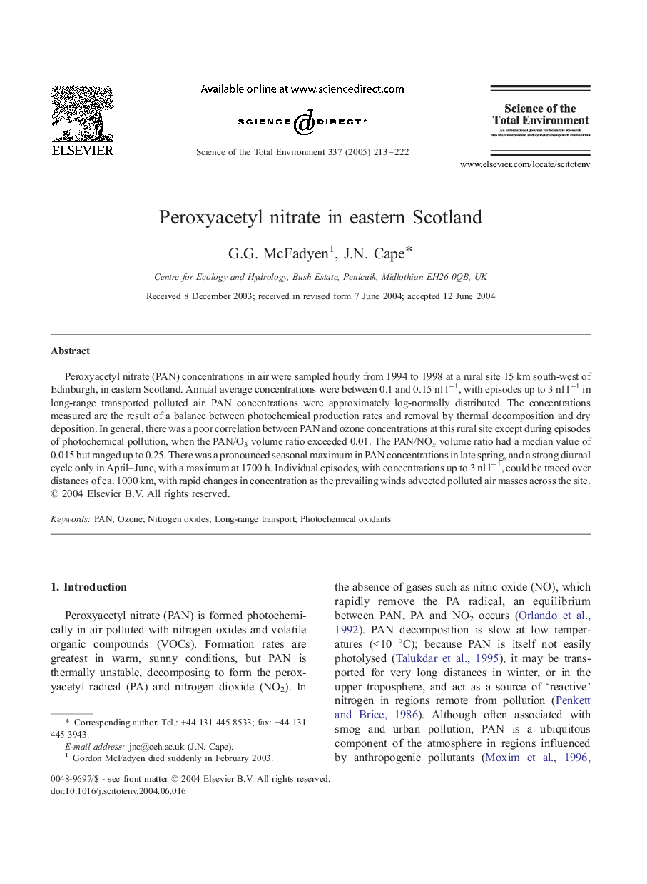 Peroxyacetyl nitrate in eastern Scotland