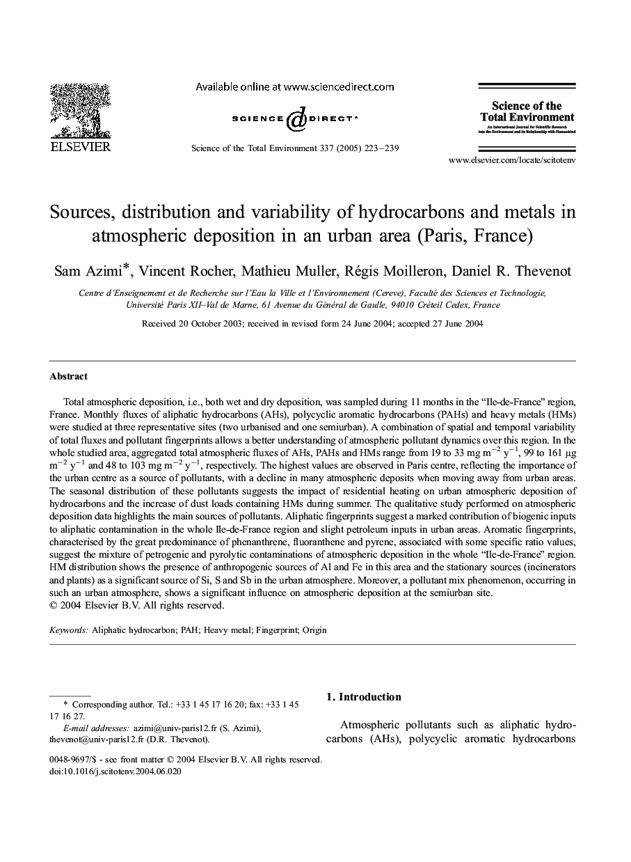 Sources, distribution and variability of hydrocarbons and metals in atmospheric deposition in an urban area (Paris, France)