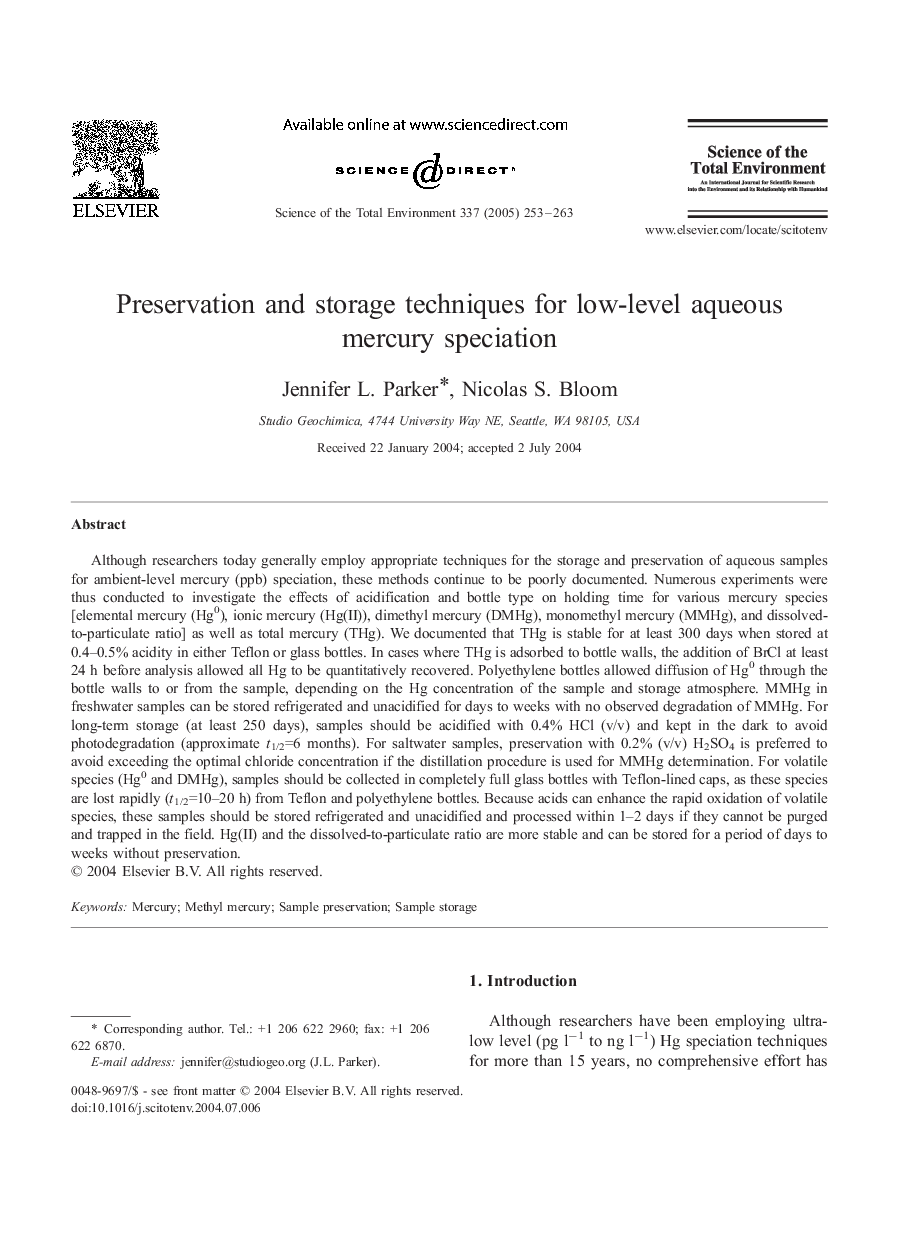 Preservation and storage techniques for low-level aqueous mercury speciation