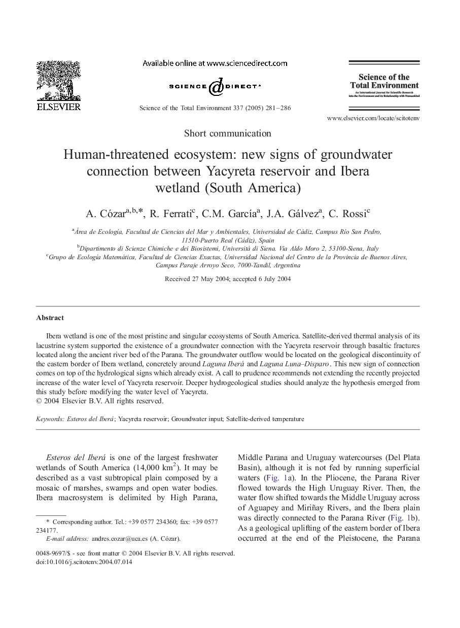 Human-threatened ecosystem: new signs of groundwater connection between Yacyreta reservoir and Ibera wetland (South America)