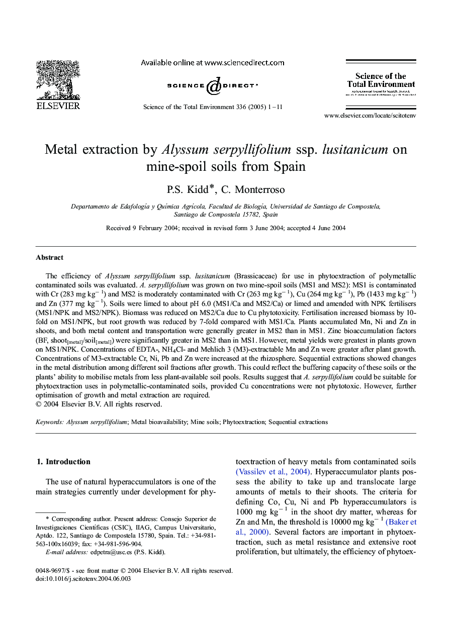 Metal extraction by Alyssum serpyllifolium ssp. lusitanicum on mine-spoil soils from Spain