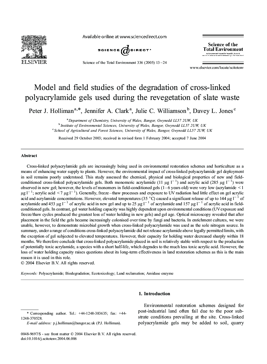 Model and field studies of the degradation of cross-linked polyacrylamide gels used during the revegetation of slate waste