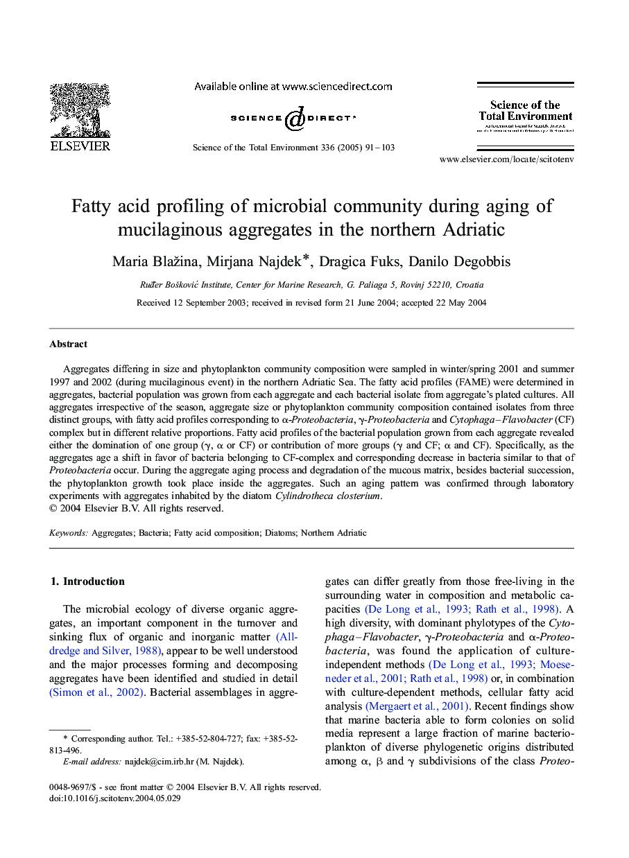 Fatty acid profiling of microbial community during aging of mucilaginous aggregates in the northern Adriatic