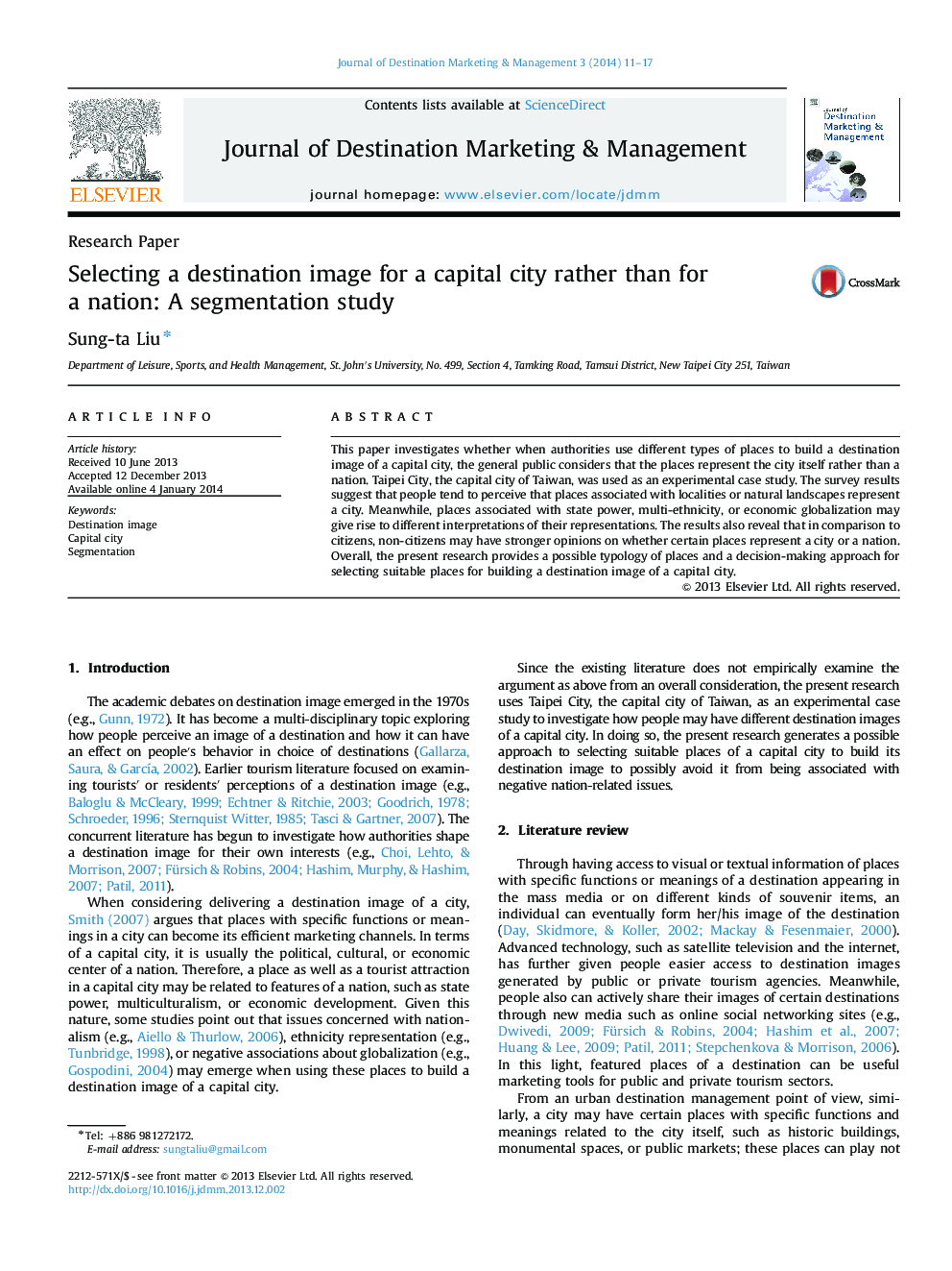 Selecting a destination image for a capital city rather than for a nation: A segmentation study