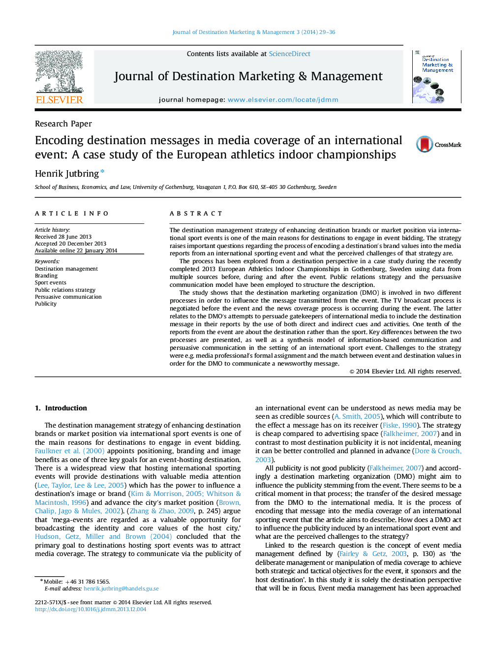 Encoding destination messages in media coverage of an international event: A case study of the European athletics indoor championships