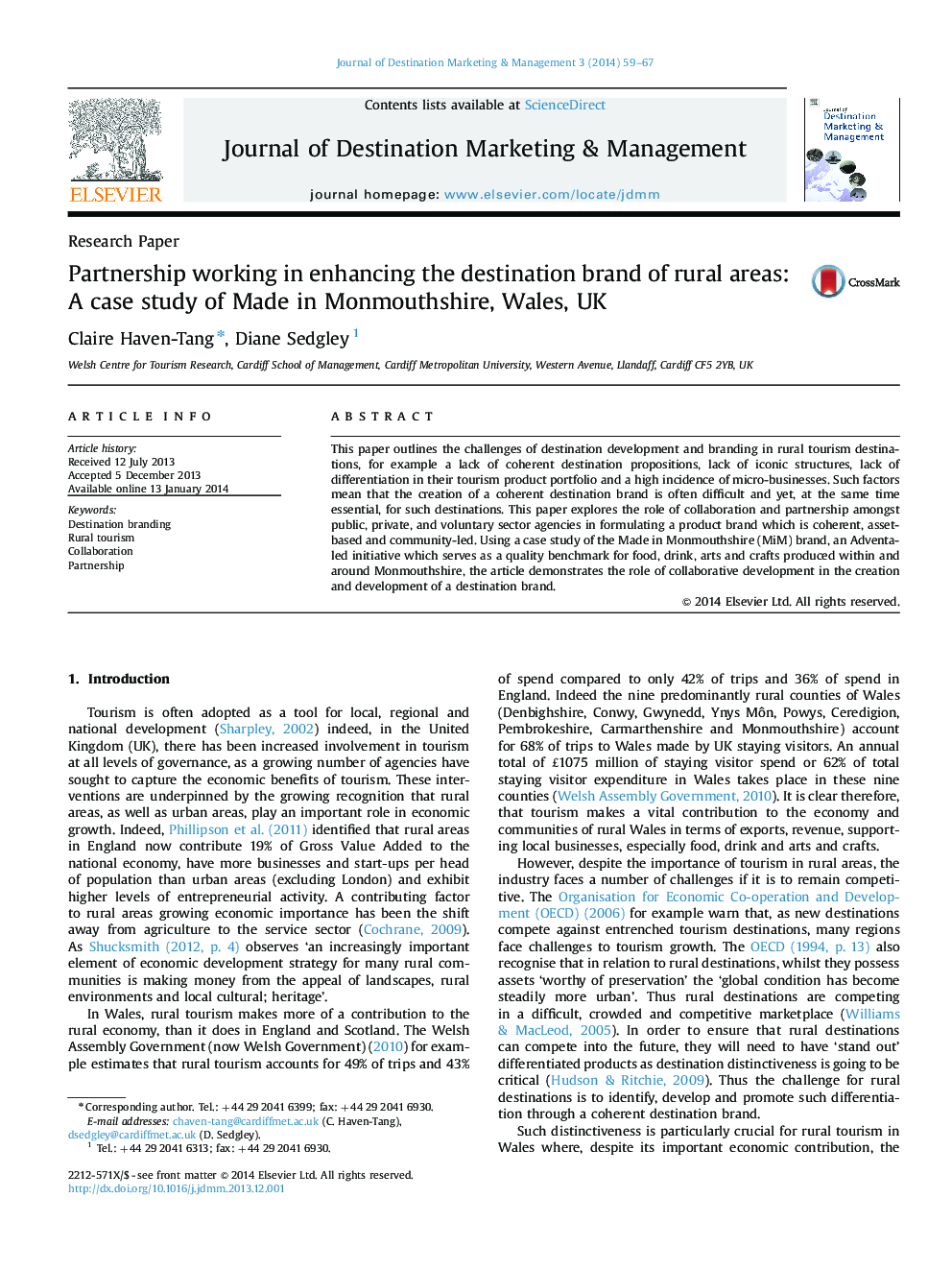 Partnership working in enhancing the destination brand of rural areas: A case study of Made in Monmouthshire, Wales, UK