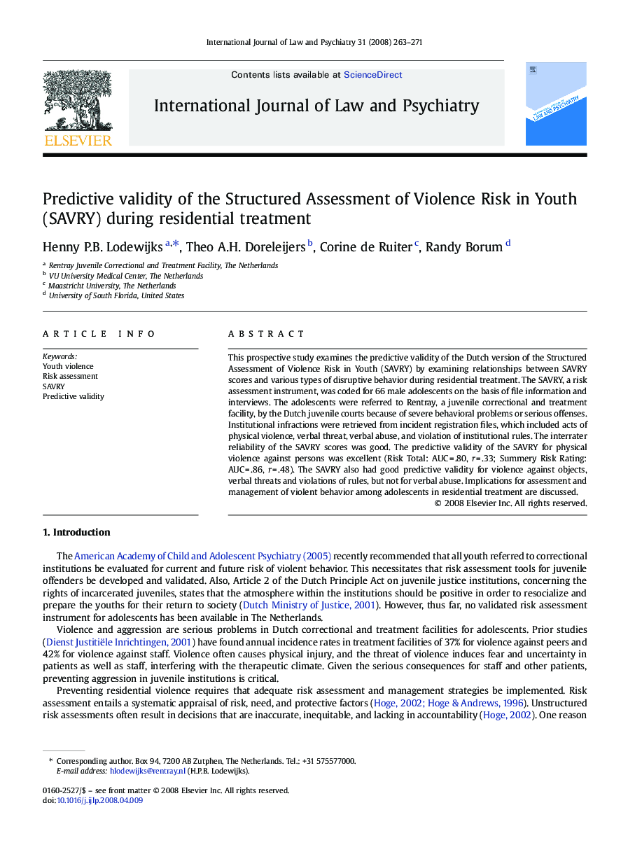 Predictive validity of the Structured Assessment of Violence Risk in Youth (SAVRY) during residential treatment