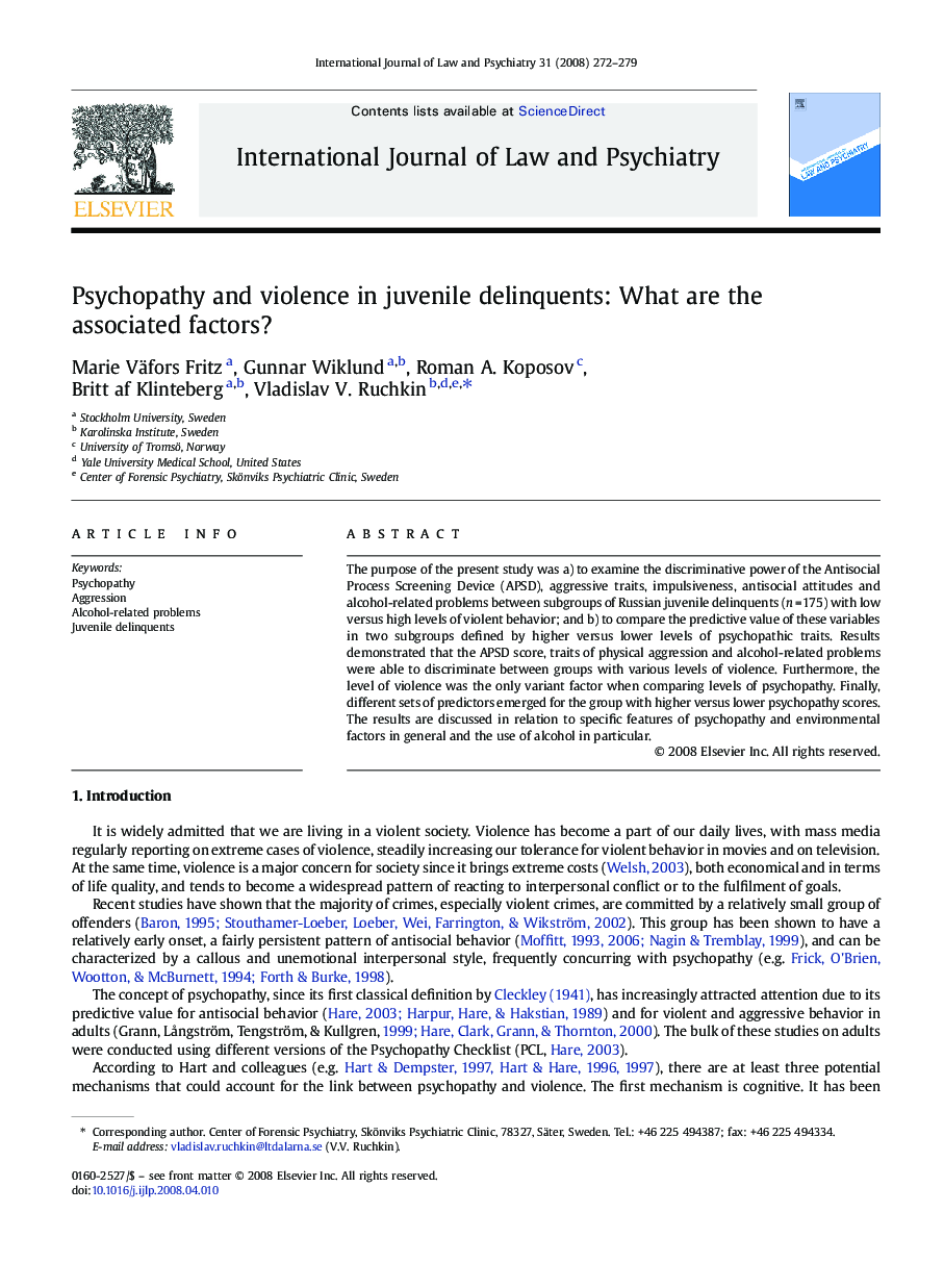 Psychopathy and violence in juvenile delinquents: What are the associated factors?