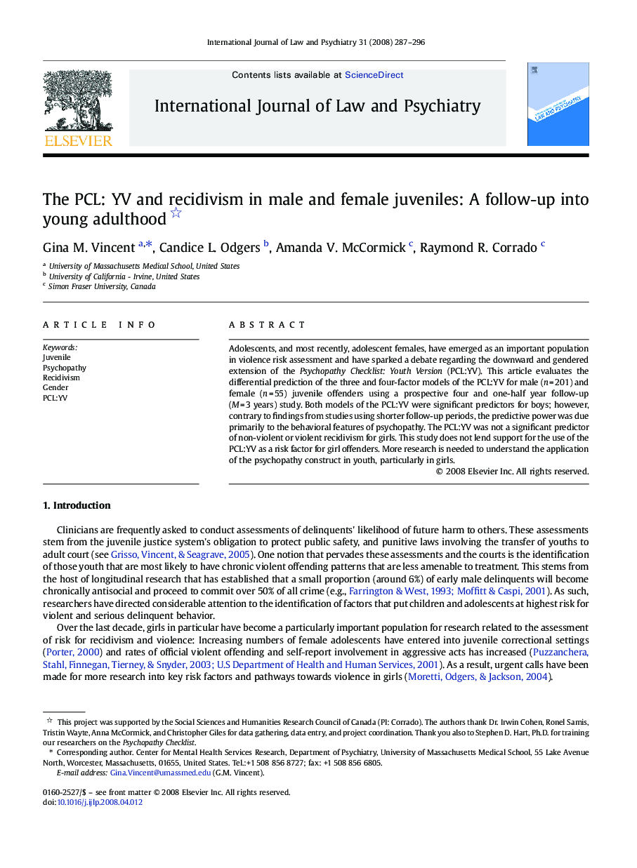 The PCL: YV and recidivism in male and female juveniles: A follow-up into young adulthood 