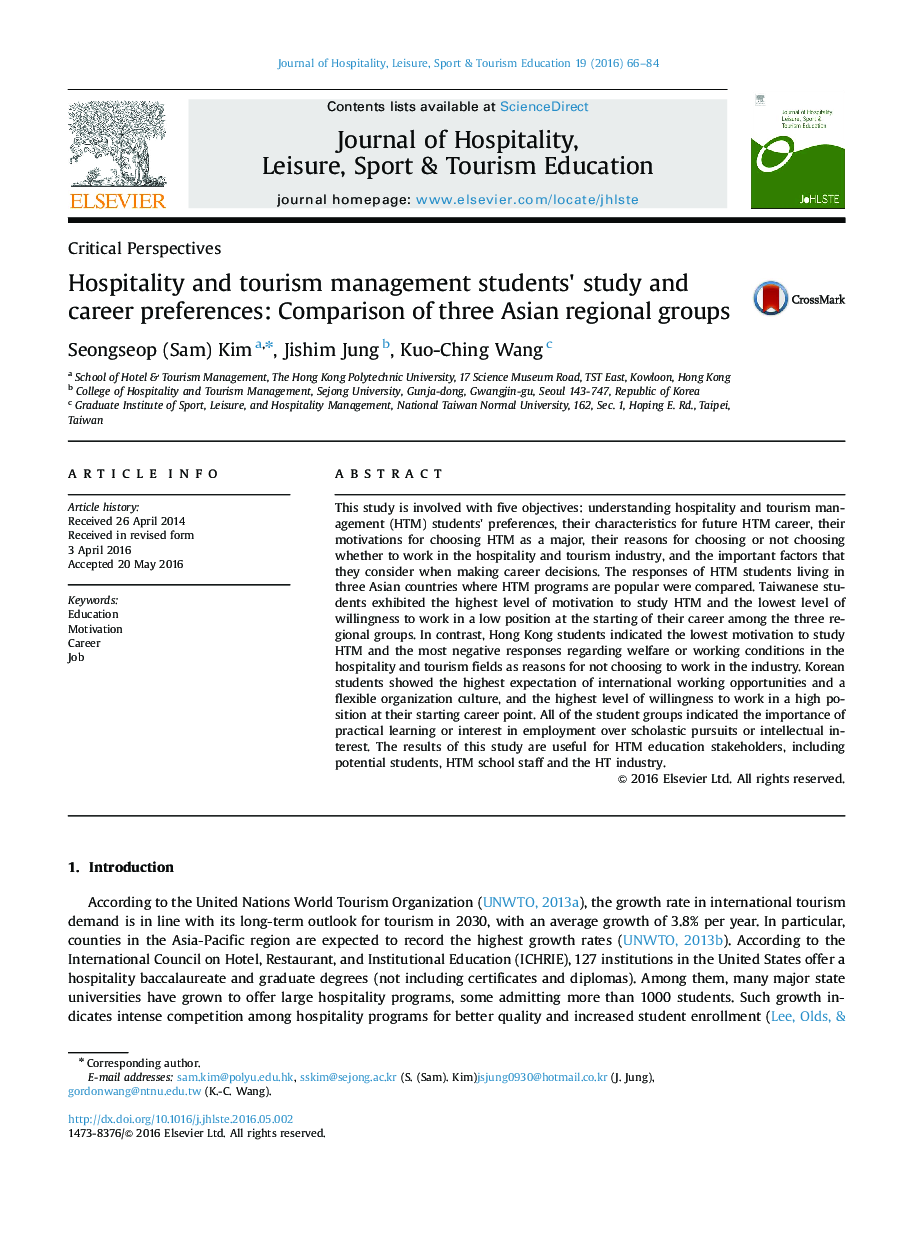 Hospitality and tourism management students' study and career preferences: Comparison of three Asian regional groups