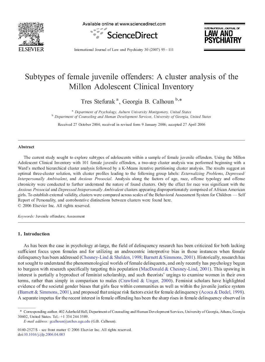 Subtypes of female juvenile offenders: A cluster analysis of the Millon Adolescent Clinical Inventory