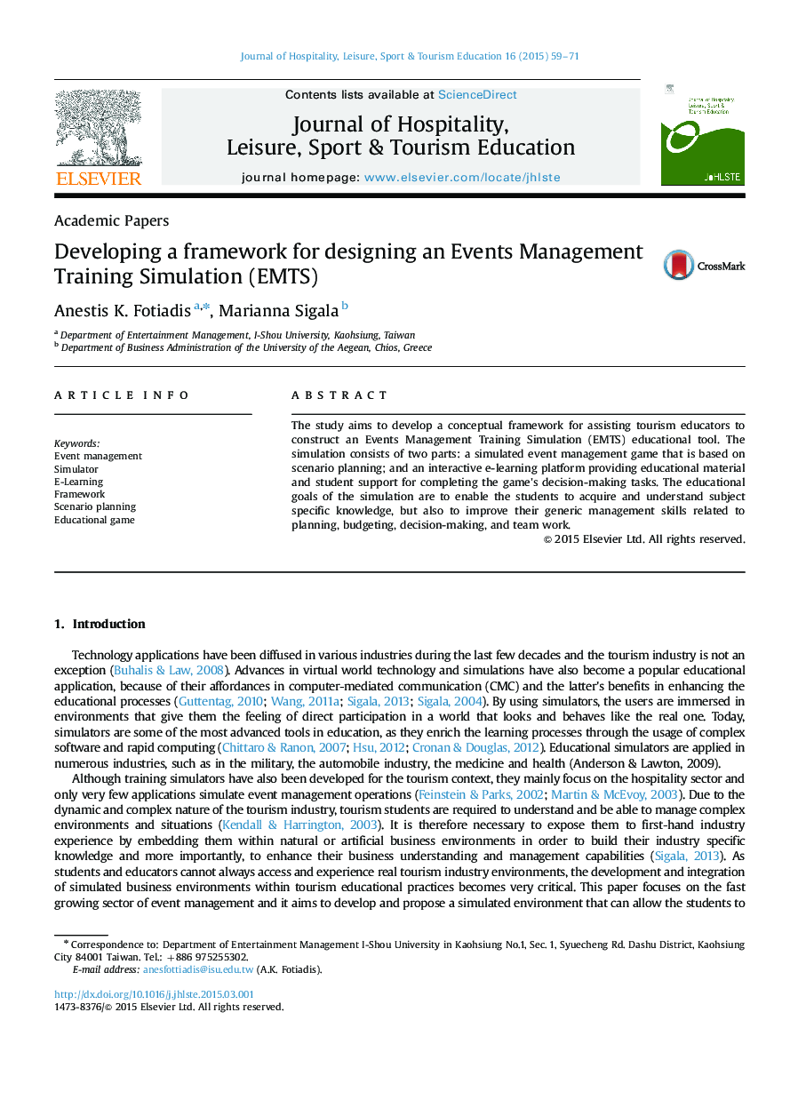 Developing a framework for designing an Events Management Training Simulation (EMTS)