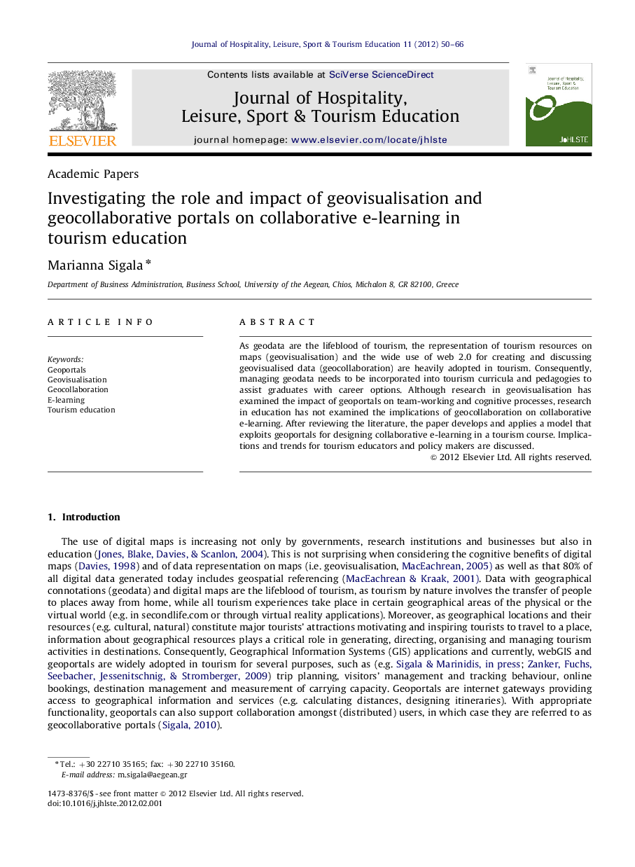 Investigating the role and impact of geovisualisation and geocollaborative portals on collaborative e-learning in tourism education