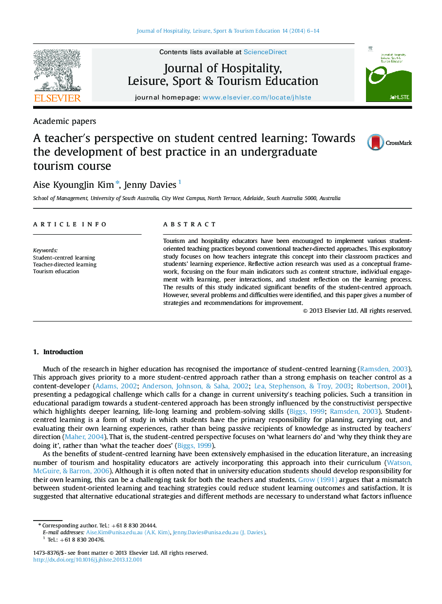 A teacher's perspective on student centred learning: Towards the development of best practice in an undergraduate tourism course