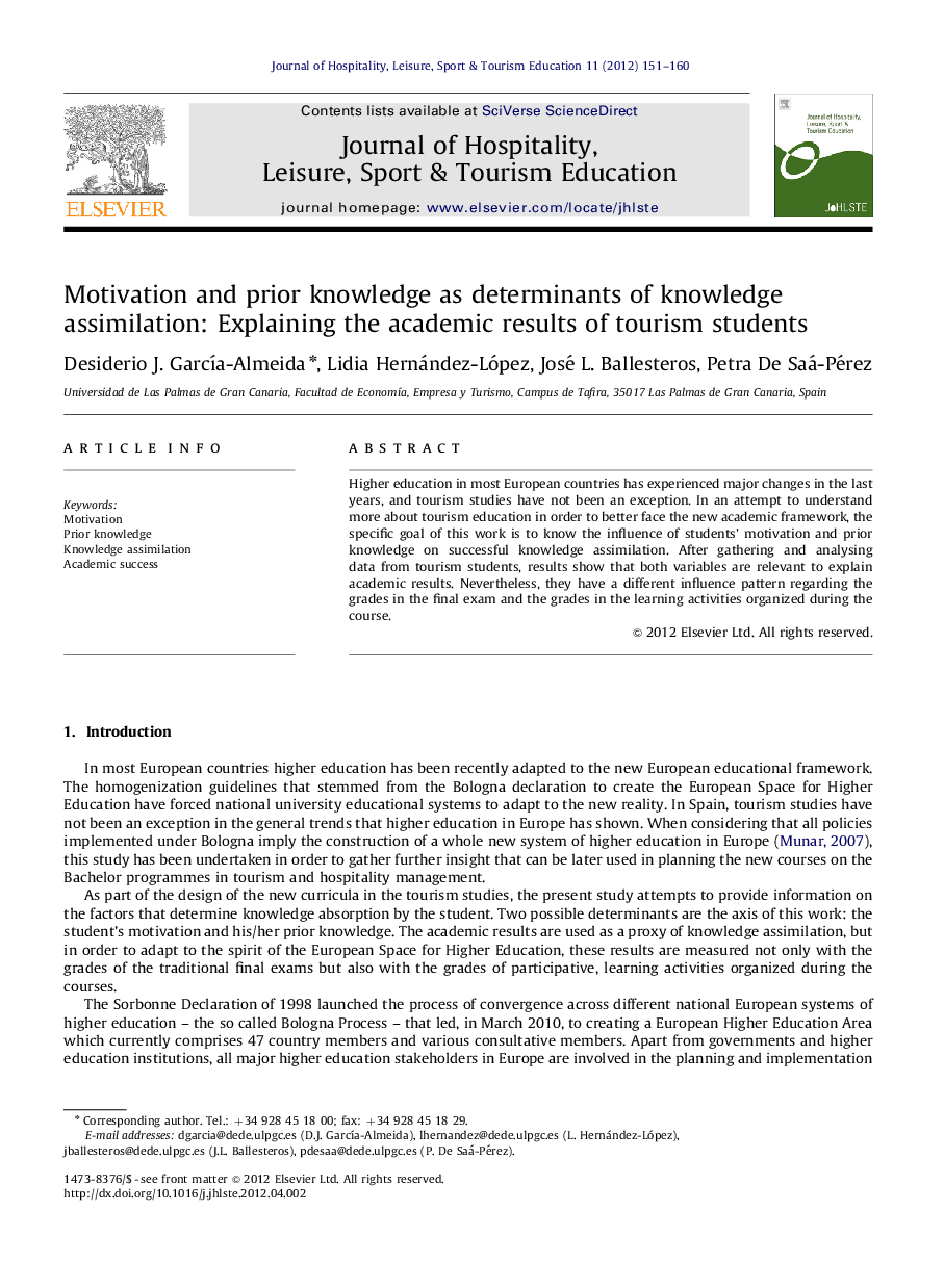 Motivation and prior knowledge as determinants of knowledge assimilation: Explaining the academic results of tourism students