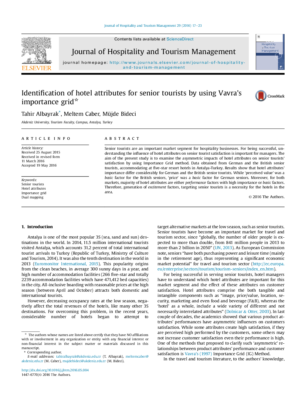 Identification of hotel attributes for senior tourists by using Vavra’s importance grid 