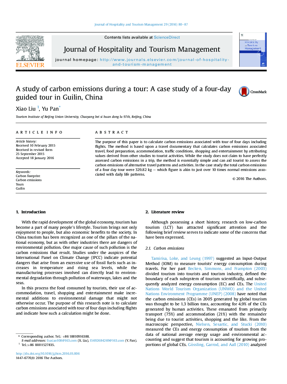 مطالعه انتشار کربن در طول یک تور: مطالعه موردی از یک تور با راهنما چهار روزه در گیلین چین