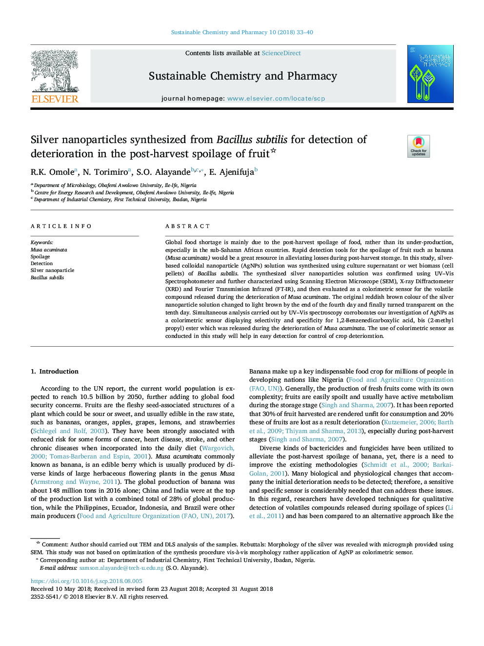 Silver nanoparticles synthesized from Bacillus subtilis for detection of deterioration in the post-harvest spoilage of fruit