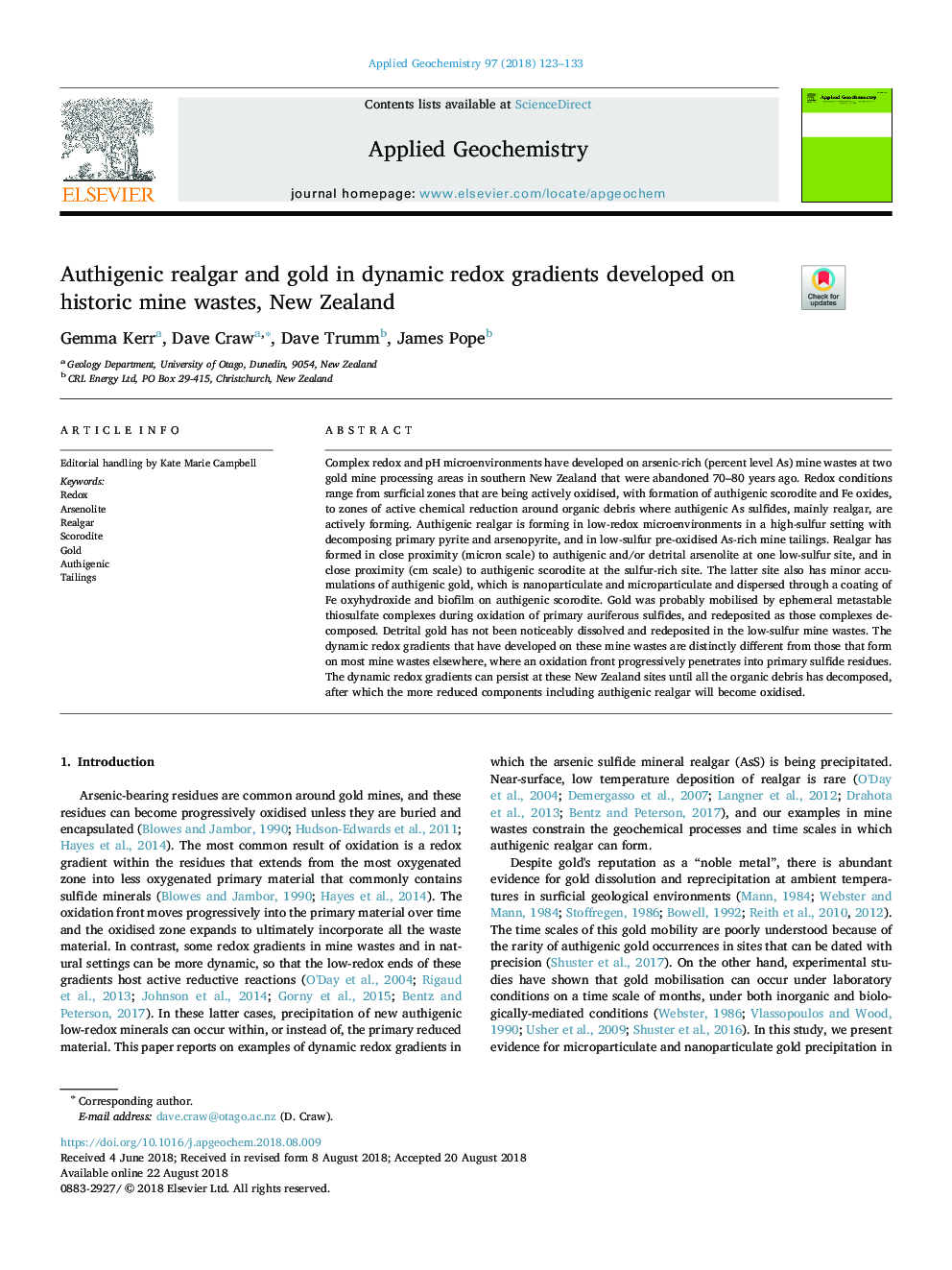 Authigenic realgar and gold in dynamic redox gradients developed on historic mine wastes, New Zealand