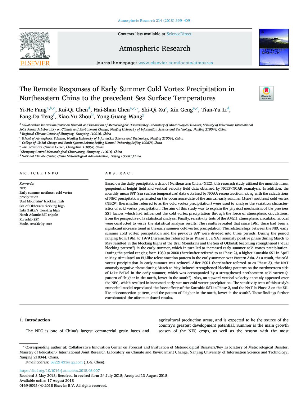 The Remote Responses of Early Summer Cold Vortex Precipitation in Northeastern China to the precedent Sea Surface Temperatures