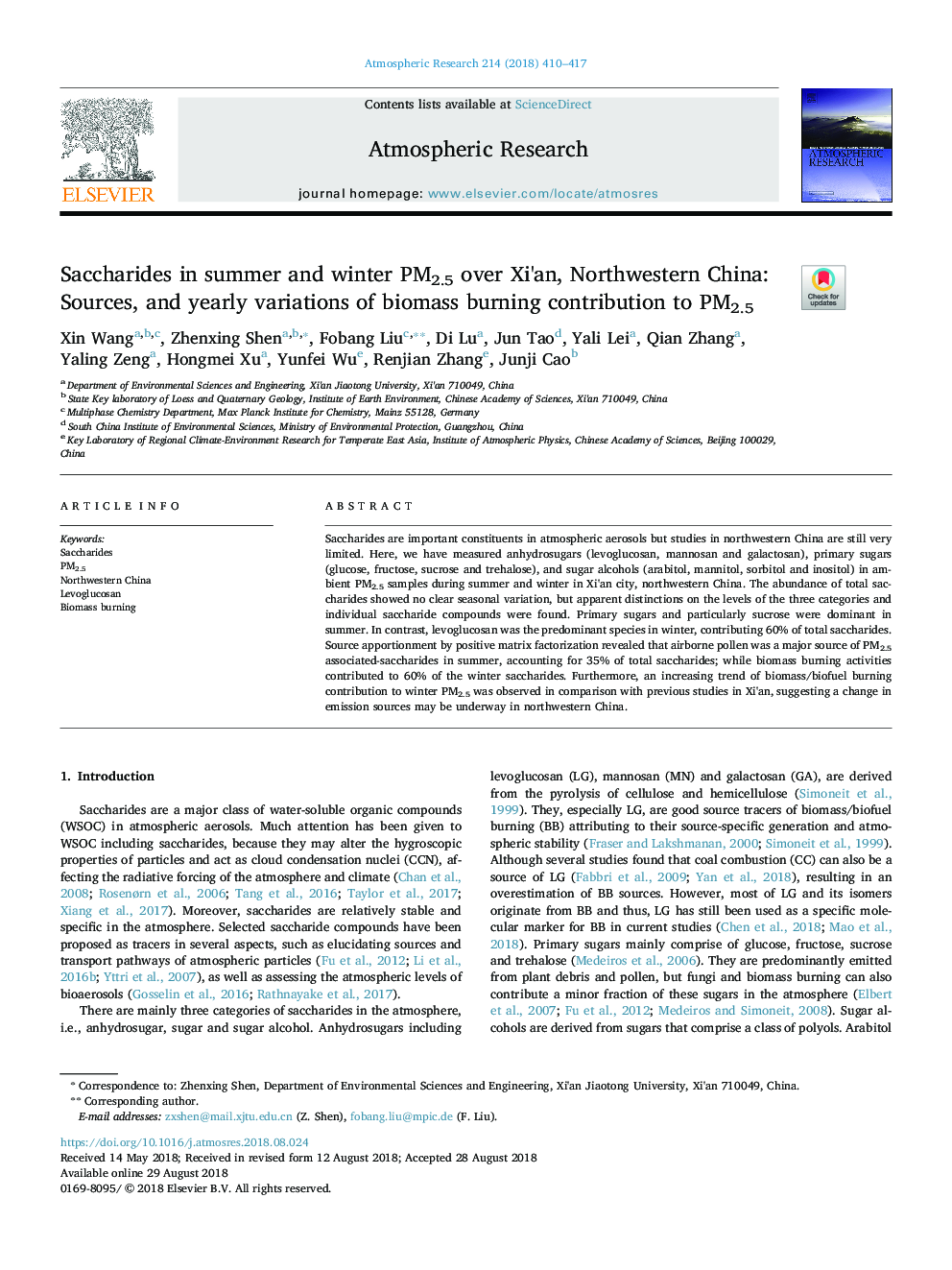 عکس صفحه اول مقاله: Saccharides in summer and winter PM2.5 over Xi'an, Northwestern China: Sources, and yearly variations of biomass burning contribution to PM2.5 Saccharides in summer and winter PM2.5 over Xi'an, Northwestern China: Sources, and yearly variations of biomass burning contribution to PM2.5