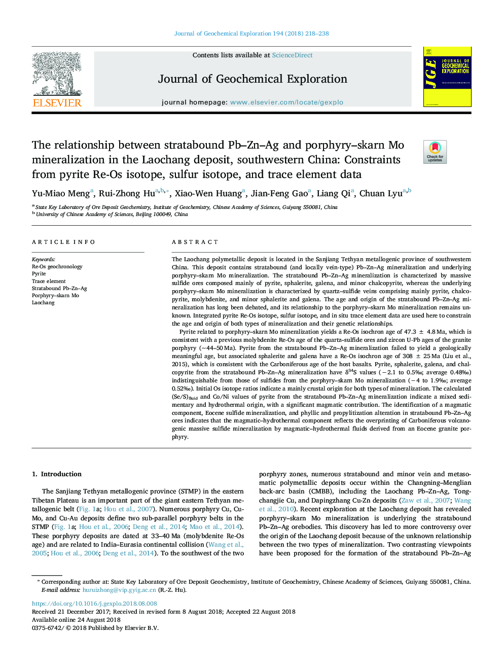 The relationship between stratabound Pb-Zn-Ag and porphyry-skarn Mo mineralization in the Laochang deposit, southwestern China: Constraints from pyrite Re-Os isotope, sulfur isotope, and trace element data