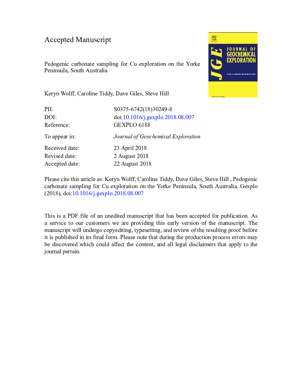 عکس صفحه اول مقاله: Pedogenic carbonate sampling for Cu exploration on the Yorke Peninsula, South Australia Pedogenic carbonate sampling for Cu exploration on the Yorke Peninsula, South Australia